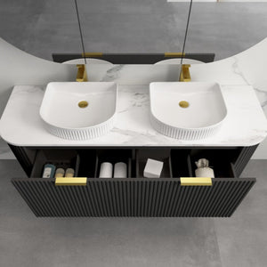 INFINITY RIO BLACK 1500MM CURVE DOUBLE BOWL WALL HUNG VANITY W/ GERMAN HETTICH RUNNERS