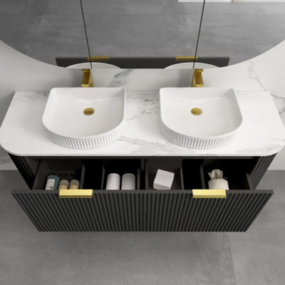 INFINITY RIO BLACK 1500MM CURVE DOUBLE BOWL WALL HUNG VANITY W/ GERMAN HETTICH RUNNERS