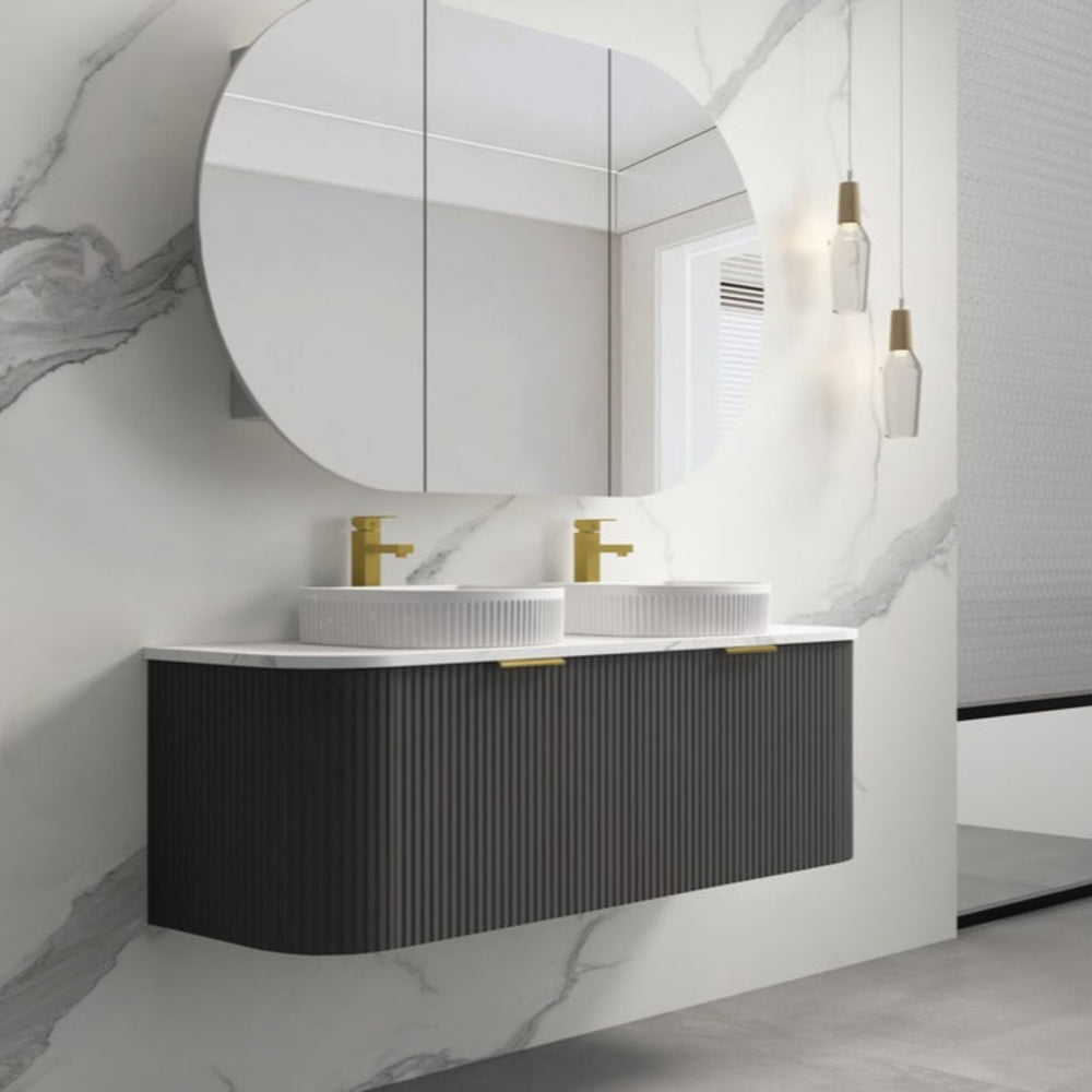 INFINITY RIO BLACK 1500MM CURVE DOUBLE BOWL WALL HUNG VANITY W/ GERMAN HETTICH RUNNERS