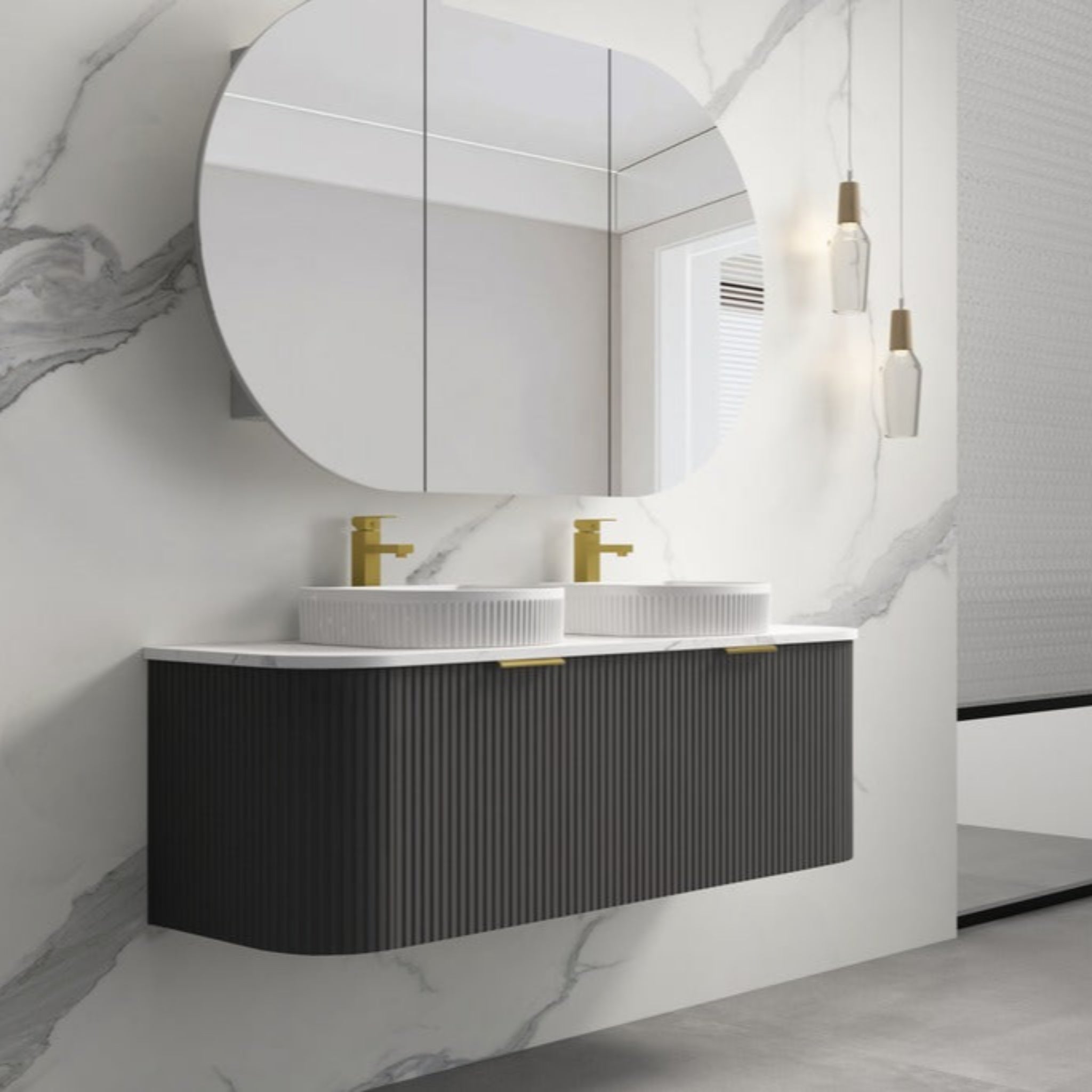 INFINITY RIO BLACK 1500MM CURVE DOUBLE BOWL WALL HUNG VANITY W/ GERMAN HETTICH RUNNERS