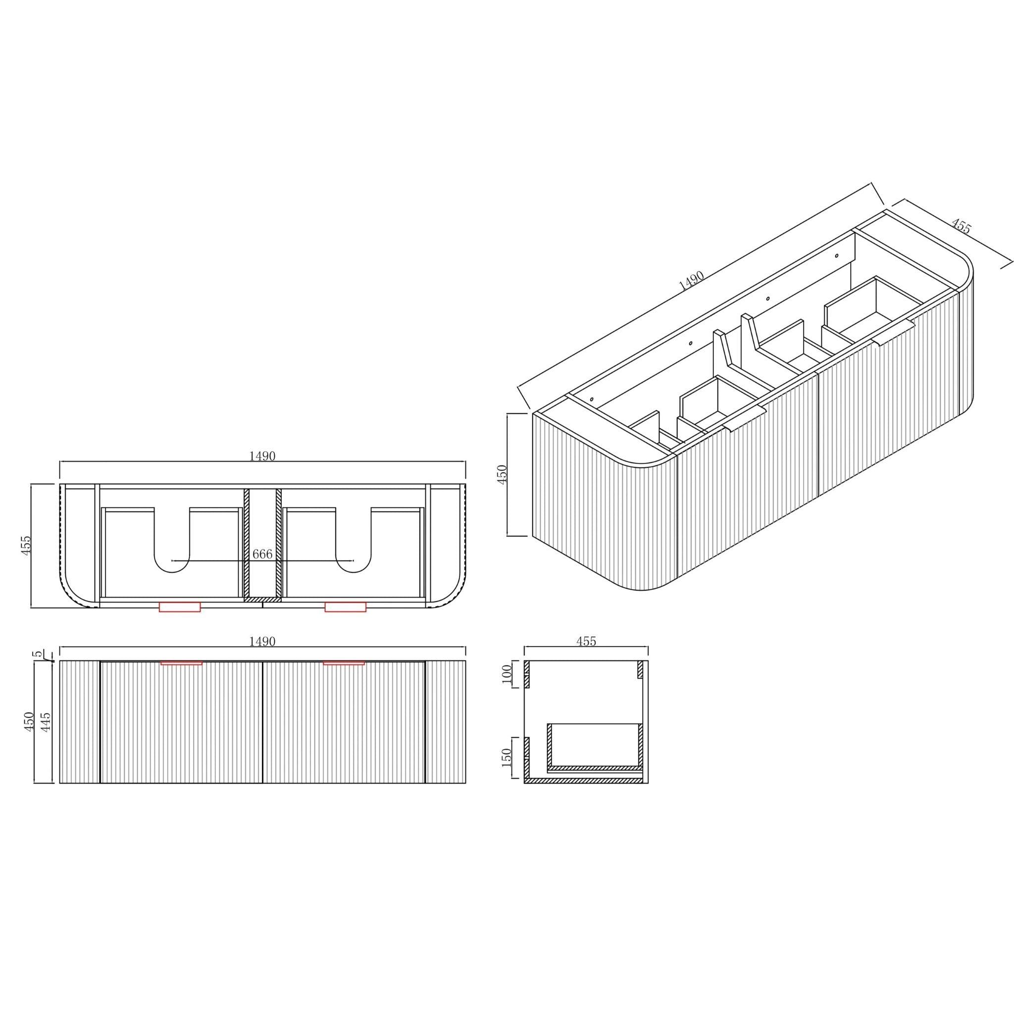 INFINITY RIO BLACK 1500MM CURVE DOUBLE BOWL WALL HUNG VANITY W/ GERMAN HETTICH RUNNERS