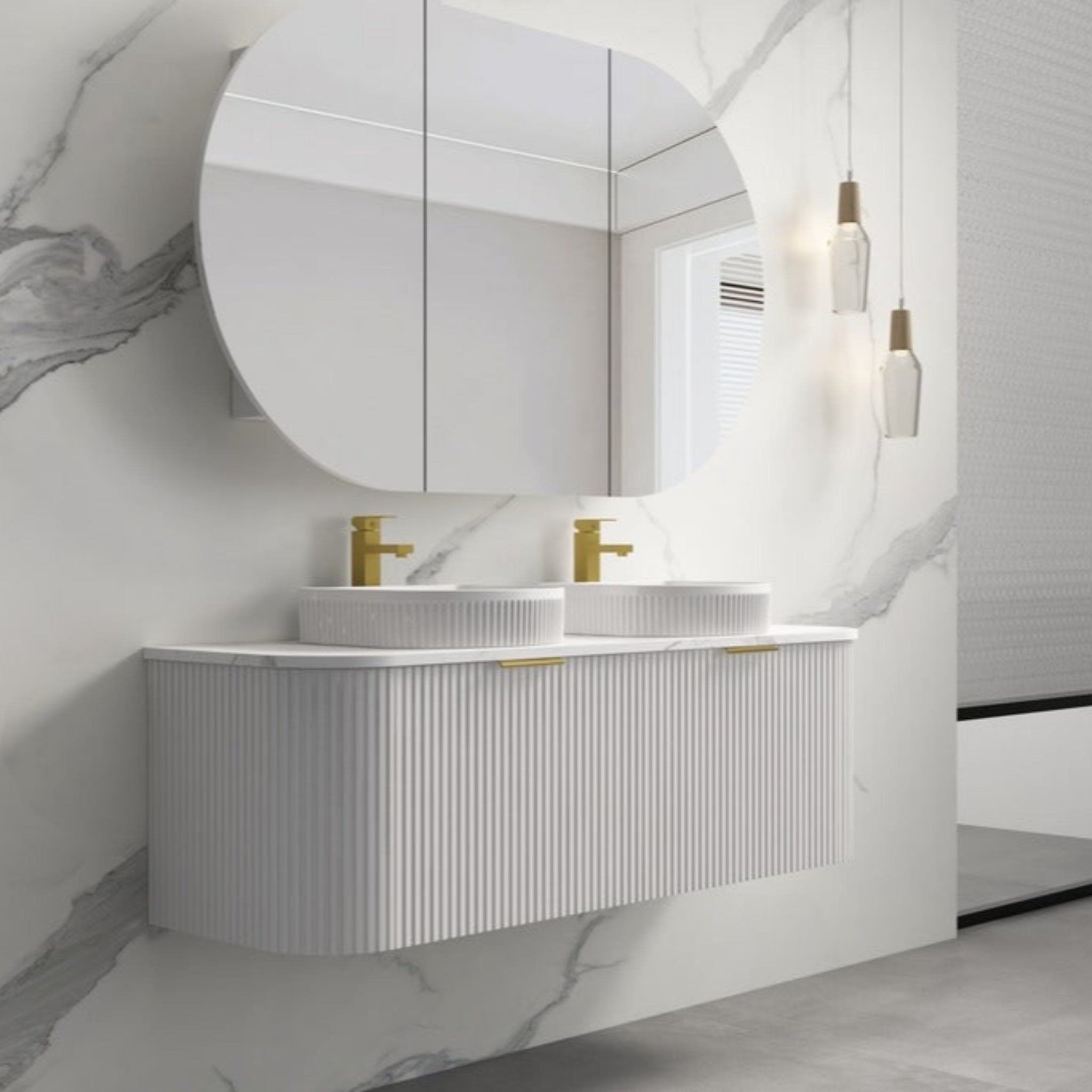 INFINITY RIO MATTE WHITE 1500MM CURVE DOUBLE BOWL WALL HUNG VANITY W/ GERMAN HETTICH RUNNERS