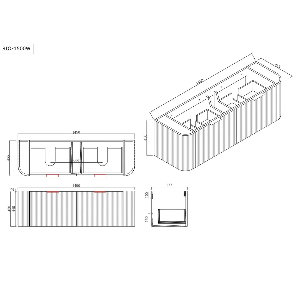 INFINITY RIO MATTE WHITE 1500MM CURVE DOUBLE BOWL WALL HUNG VANITY W/ GERMAN HETTICH RUNNERS