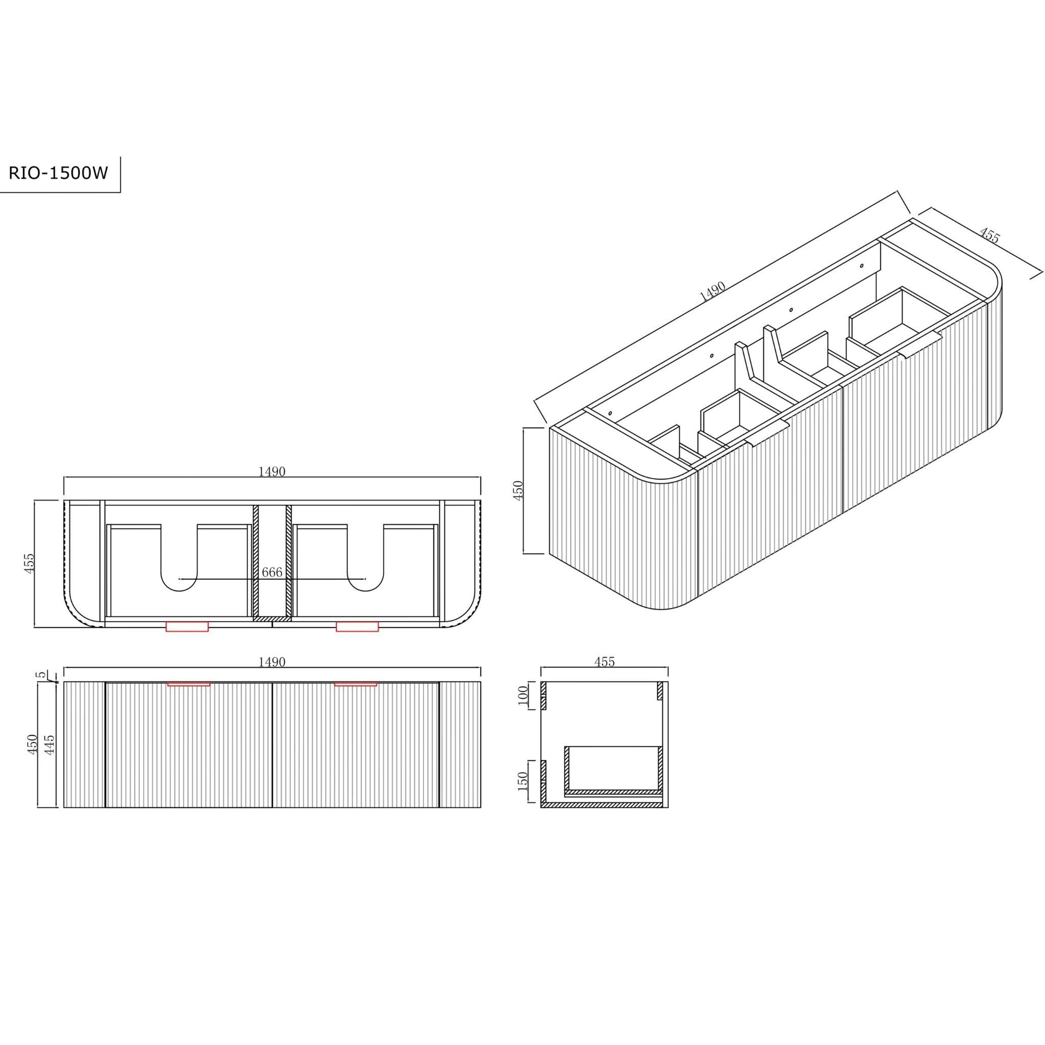 INFINITY RIO MATTE WHITE 1500MM CURVE DOUBLE BOWL WALL HUNG VANITY W/ GERMAN HETTICH RUNNERS