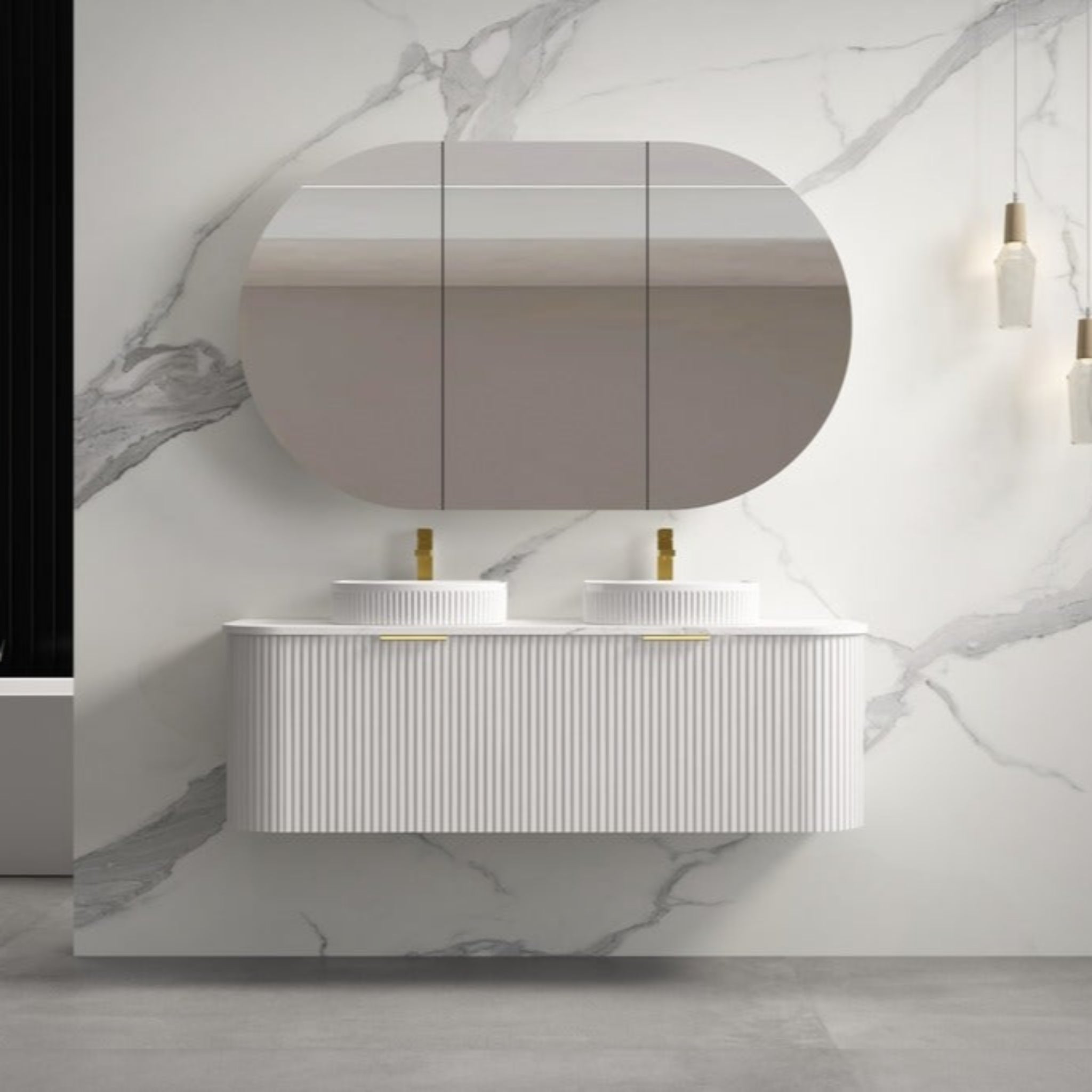 INFINITY RIO MATTE WHITE 1500MM CURVE DOUBLE BOWL WALL HUNG VANITY W/ GERMAN HETTICH RUNNERS