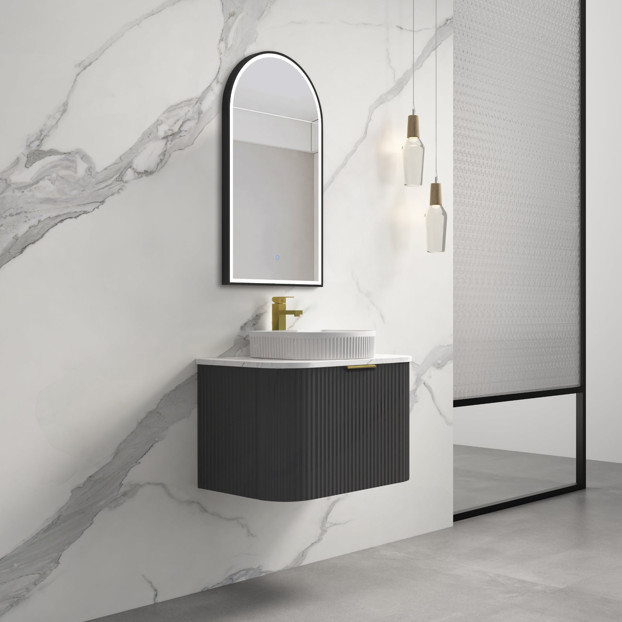 INFINITY RIO BLACK 600MM CURVED SINGLE BOWL WALL HUNG VANITY