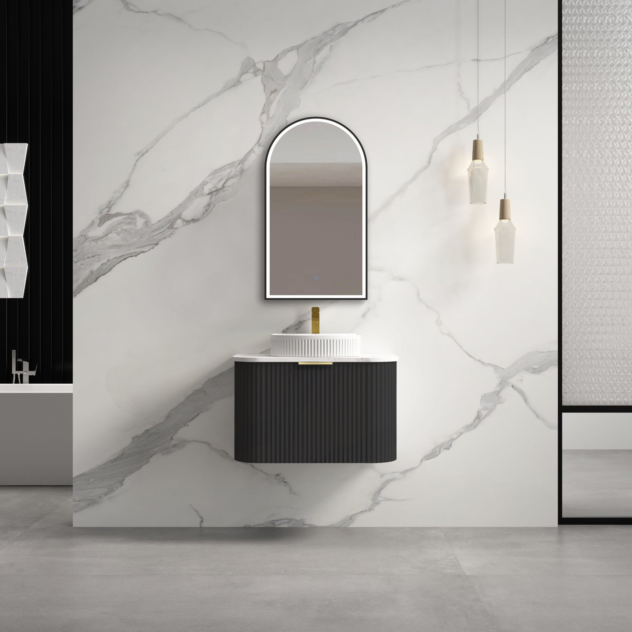 INFINITY RIO BLACK 600MM CURVED SINGLE BOWL WALL HUNG VANITY