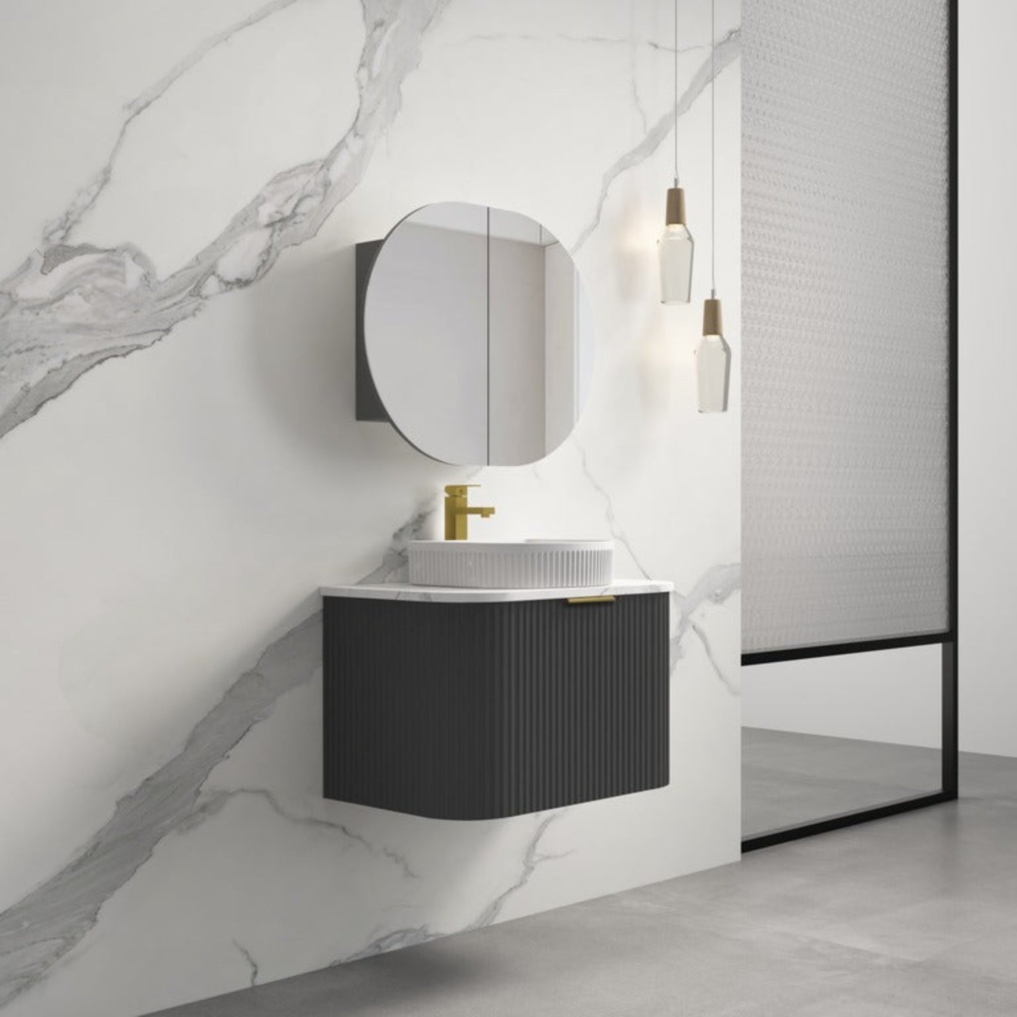 INFINITY RIO BLACK 750MM CURVED SINGLE BOWL WALL HUNG VANITY