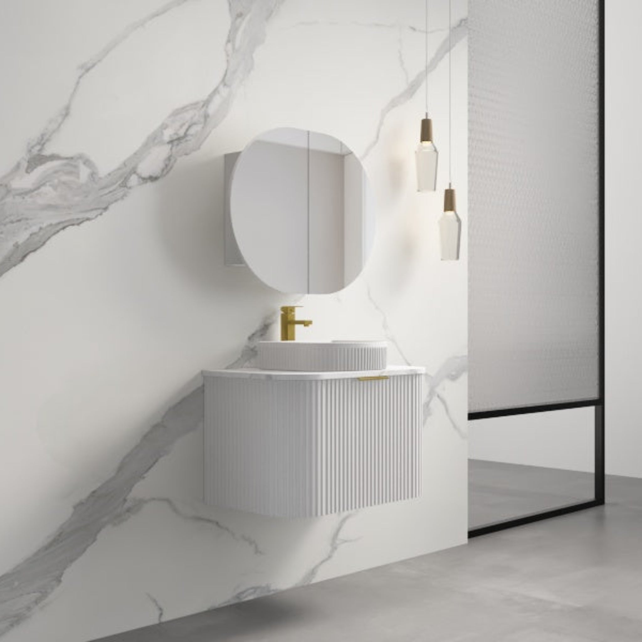 INFINITY RIO MATTE WHITE 750MM CURVE SINGLE BOWL WALL HUNG VANITY