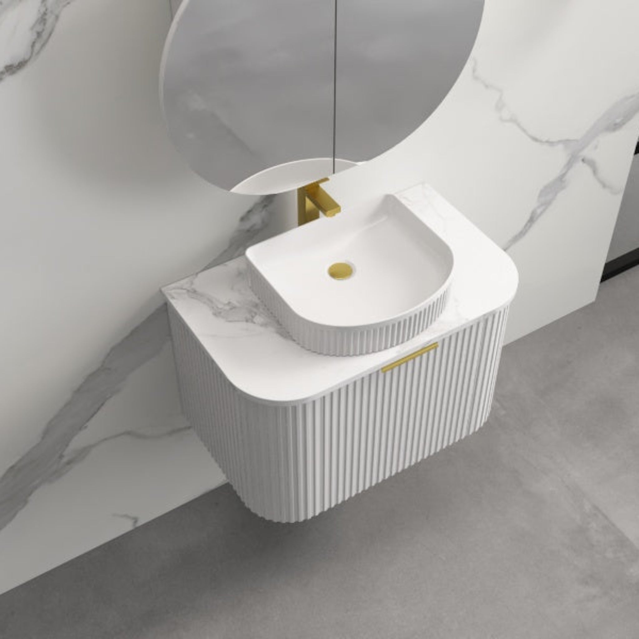 INFINITY RIO MATTE WHITE 750MM CURVE SINGLE BOWL WALL HUNG VANITY