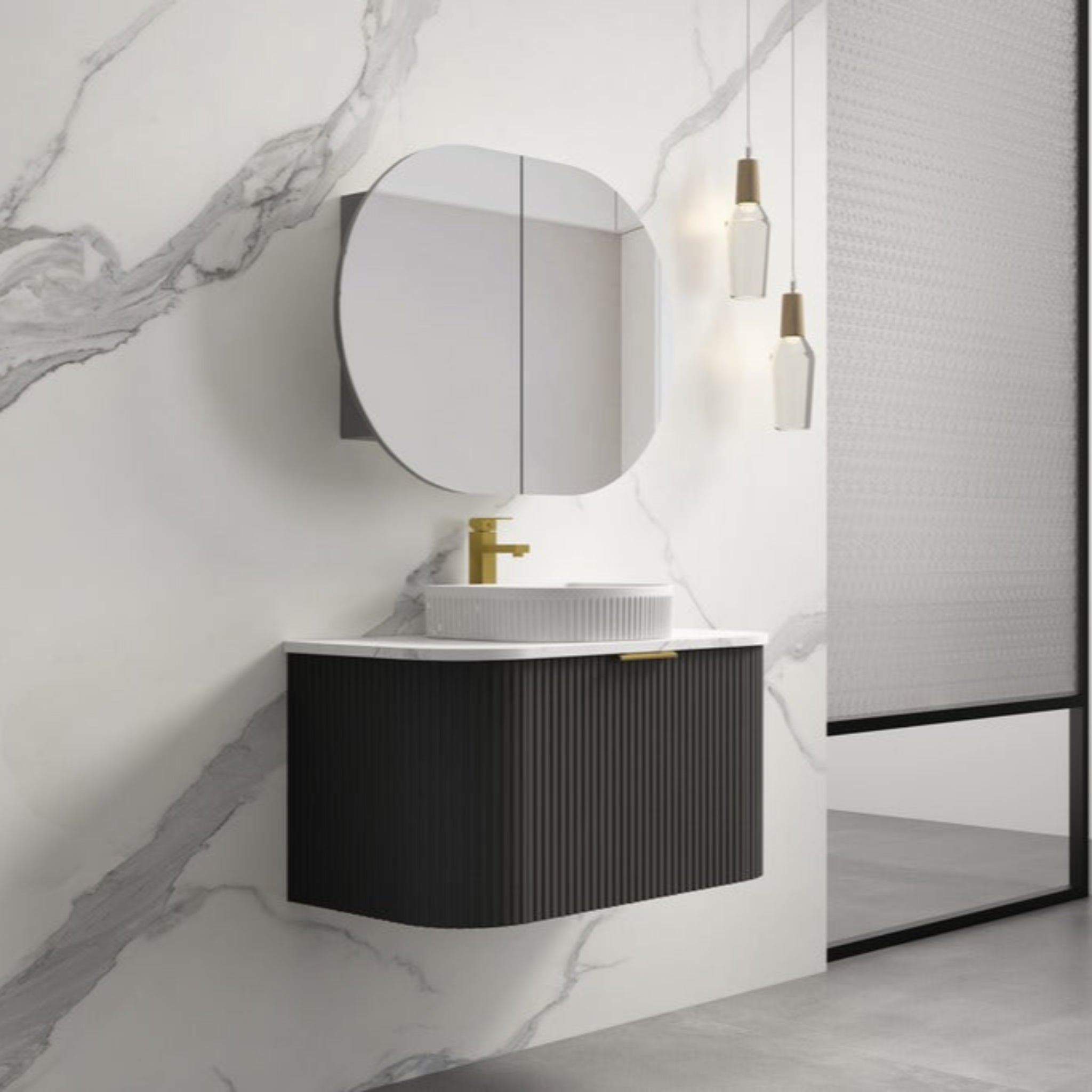 INFINITY RIO BLACK 900MM CURVE SINGLE BOWL WALL HUNG VANITY W/ GERMAN HETTICH RUNNERS