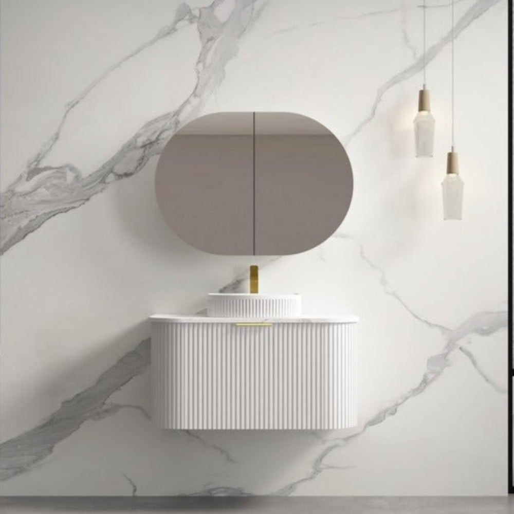 INFINITY RIO MATTE WHITE 900MM CURVED SINGLE BOWL WALL HUNG VANITY W/ GERMAN HETTICH RUNNERS