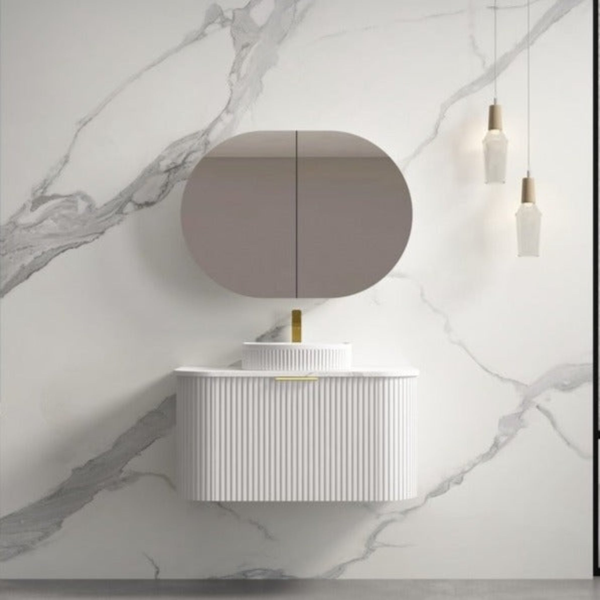 INFINITY RIO MATTE WHITE 900MM CURVED SINGLE BOWL WALL HUNG VANITY W/ GERMAN HETTICH RUNNERS