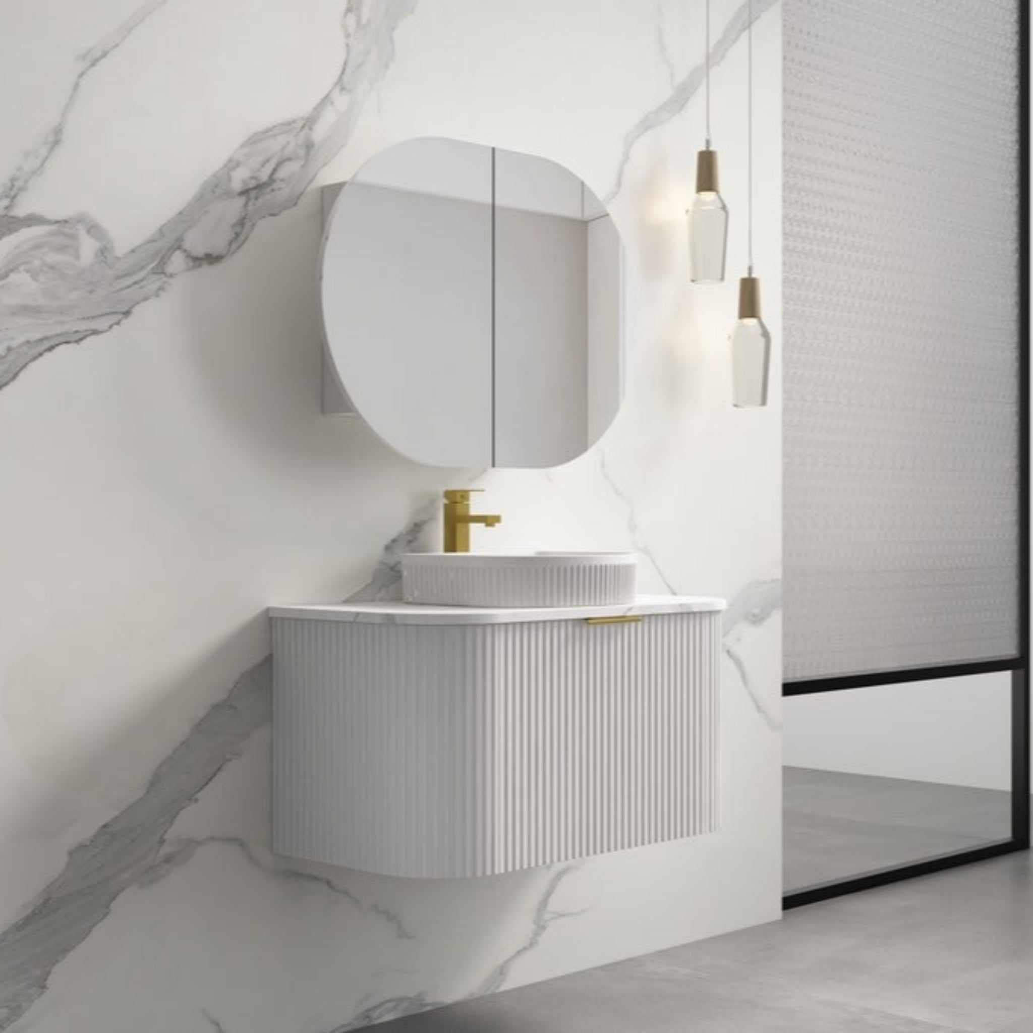 INFINITY RIO MATTE WHITE 900MM CURVED SINGLE BOWL WALL HUNG VANITY W/ GERMAN HETTICH RUNNERS