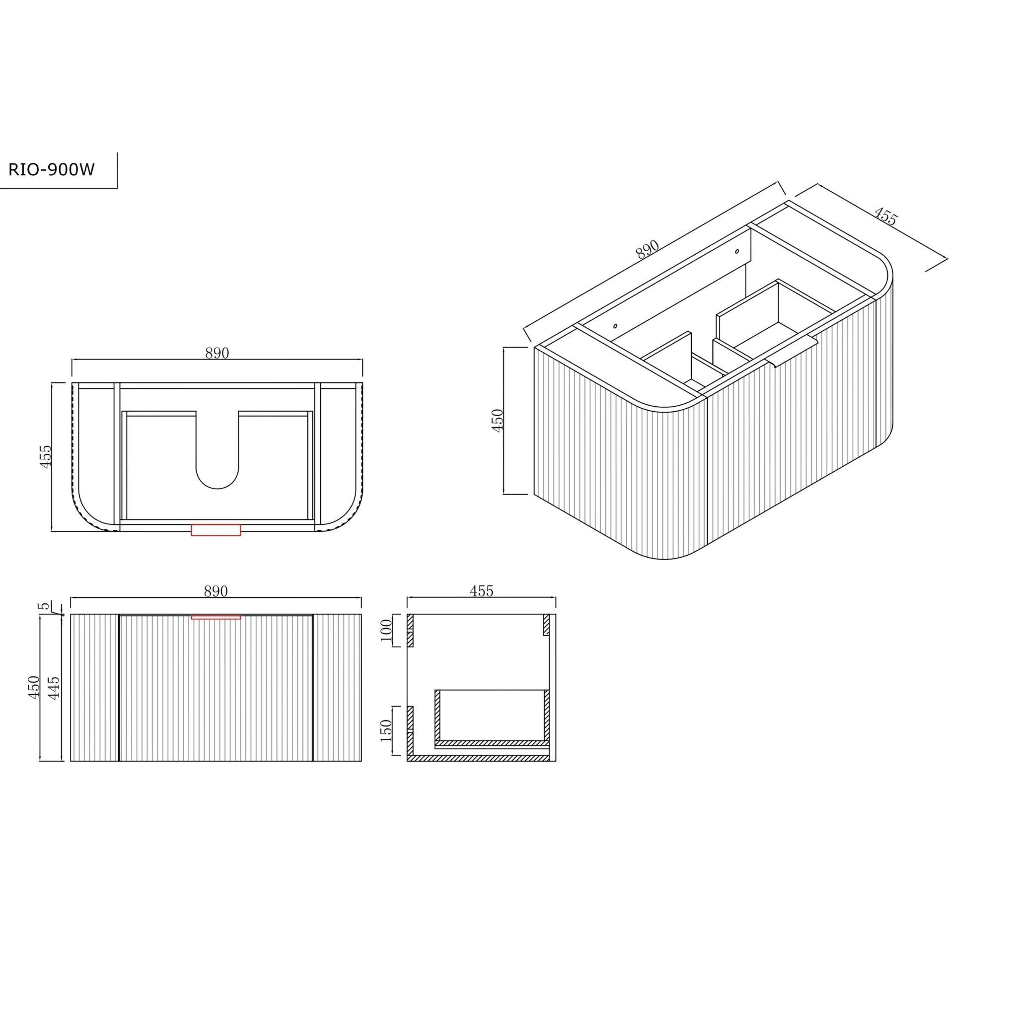INFINITY RIO MATTE WHITE 900MM CURVED SINGLE BOWL WALL HUNG VANITY W/ GERMAN HETTICH RUNNERS