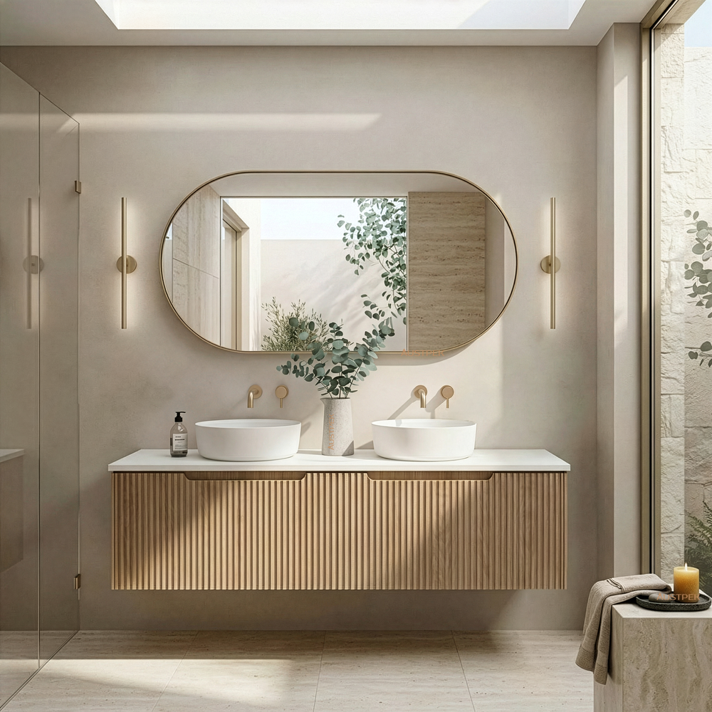 RIVA VIENNA AMERICAN OAK 1500MM DOUBLE BOWL WALL HUNG VANITY