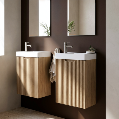 RIVA VIENNA AMERICAN OAK 450MM SPACE SAVING SINGLE BOWL WALL HUNG VANITY