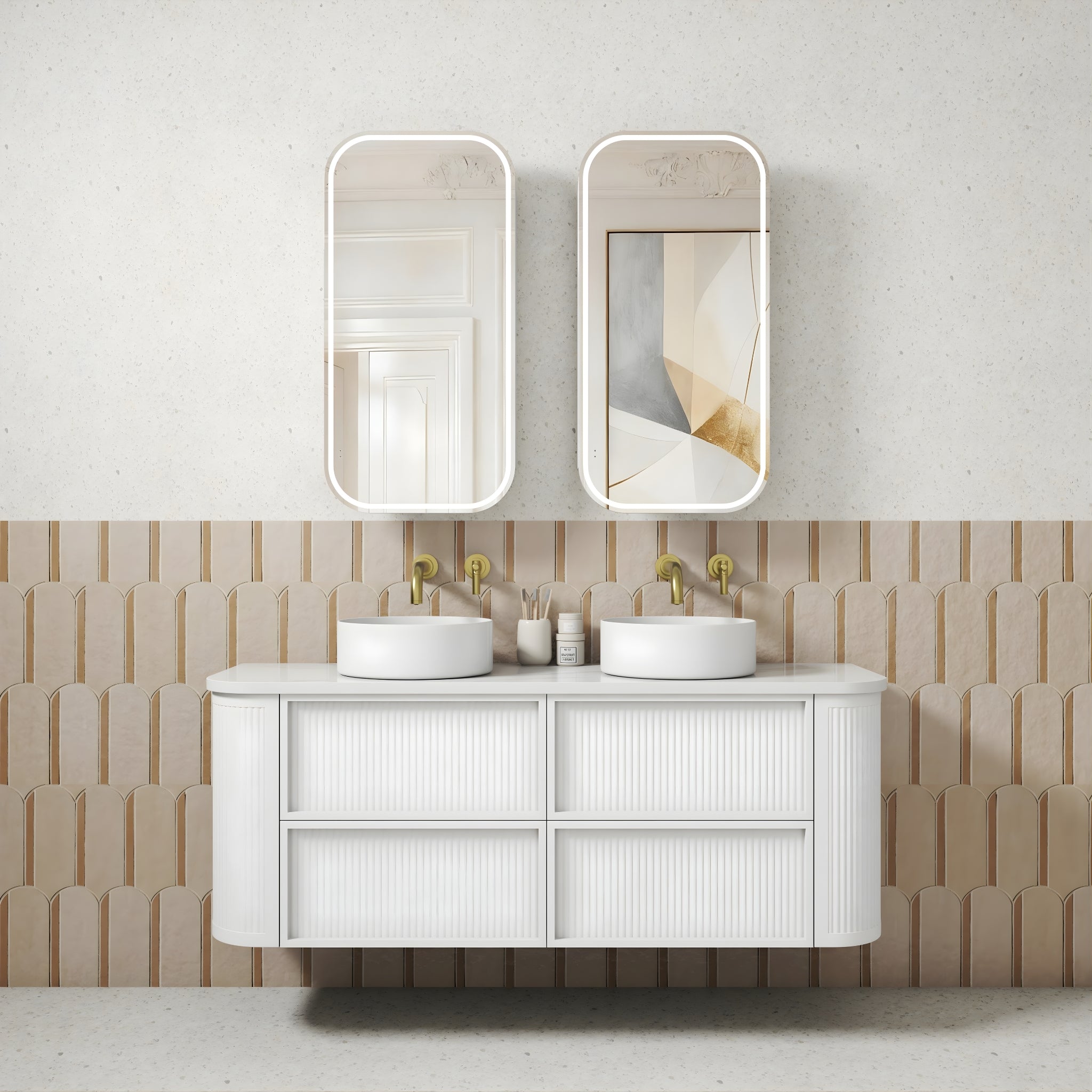 AULIC RAMEE CURVED MATTE WHITE 1500MM DOUBLE BOWL WALL HUNG VANITY