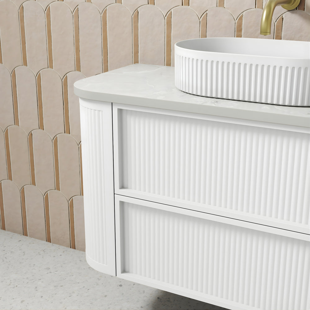 AULIC RAMEE CURVED MATTE WHITE 1500MM DOUBLE BOWL WALL HUNG VANITY