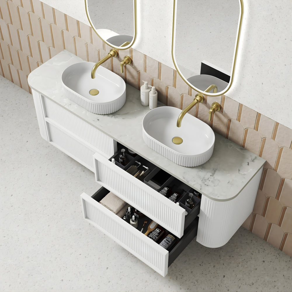 AULIC RAMEE CURVED MATTE WHITE 1800MM DOUBLE BOWL WALL HUNG VANITY
