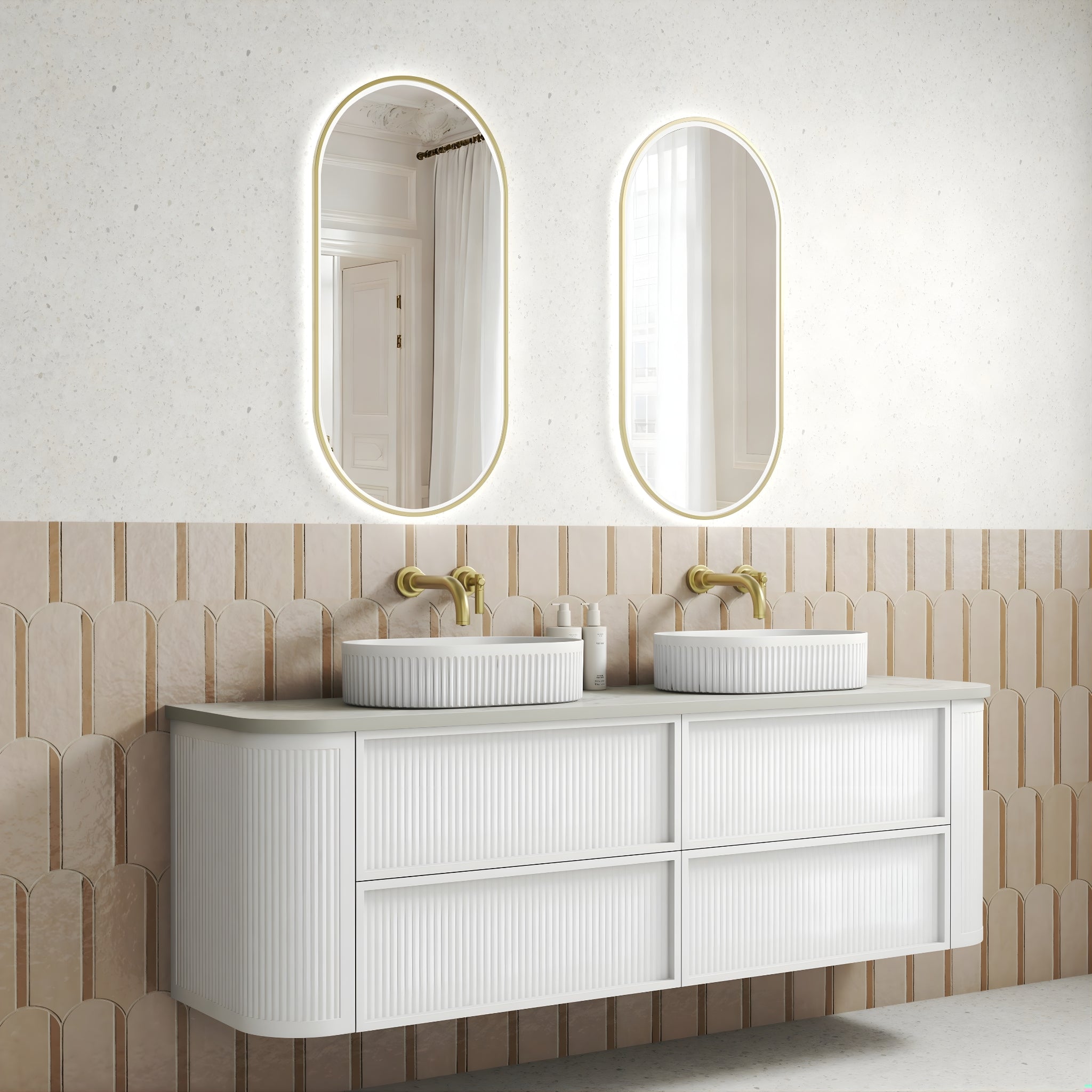 AULIC RAMEE CURVED MATTE WHITE 1800MM DOUBLE BOWL WALL HUNG VANITY