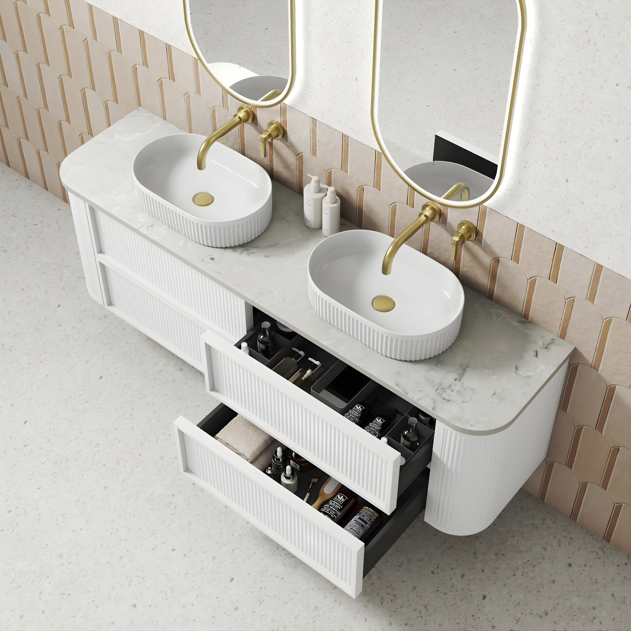 AULIC RAMEE CURVED MATTE WHITE 1800MM DOUBLE BOWL WALL HUNG VANITY