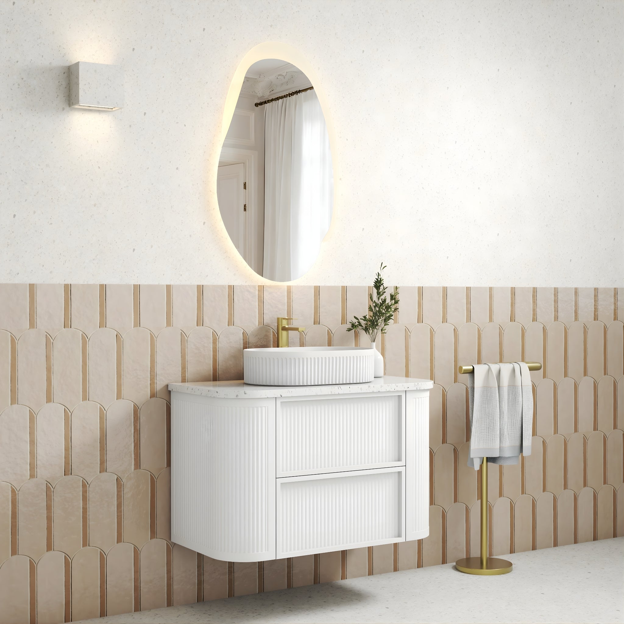 AULIC RAMEE CURVED MATTE WHITE 900MM SINGLE BOWL WALL HUNG VANITY