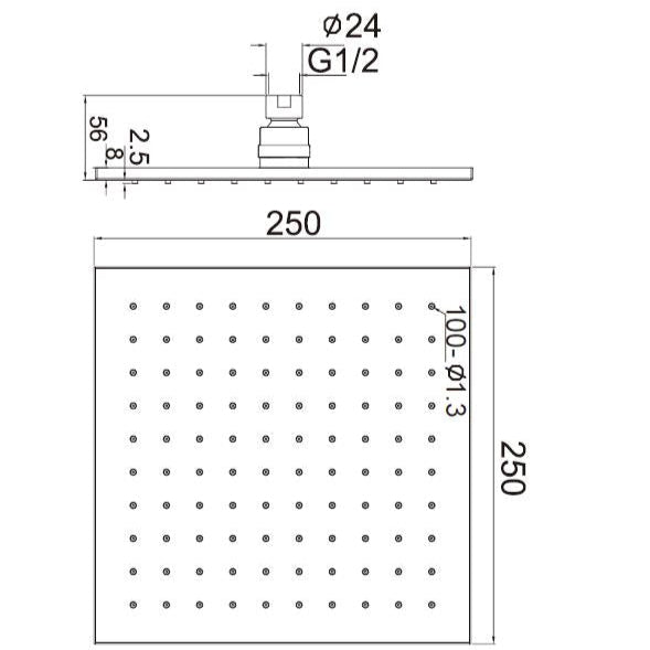 NERO SQUARE SHOWER HEAD 250MM BRUSHED GOLD