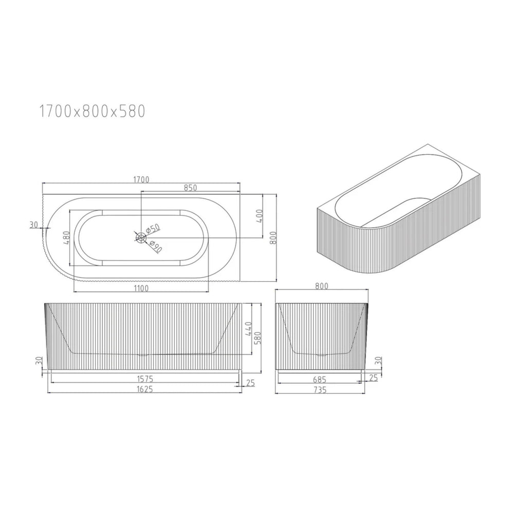 MERCIO ROSE V-GROOVE RIGHT CORNER BATHTUB MATTE WHITE (AVAILABLE IN 1500MM AND 1700MM)