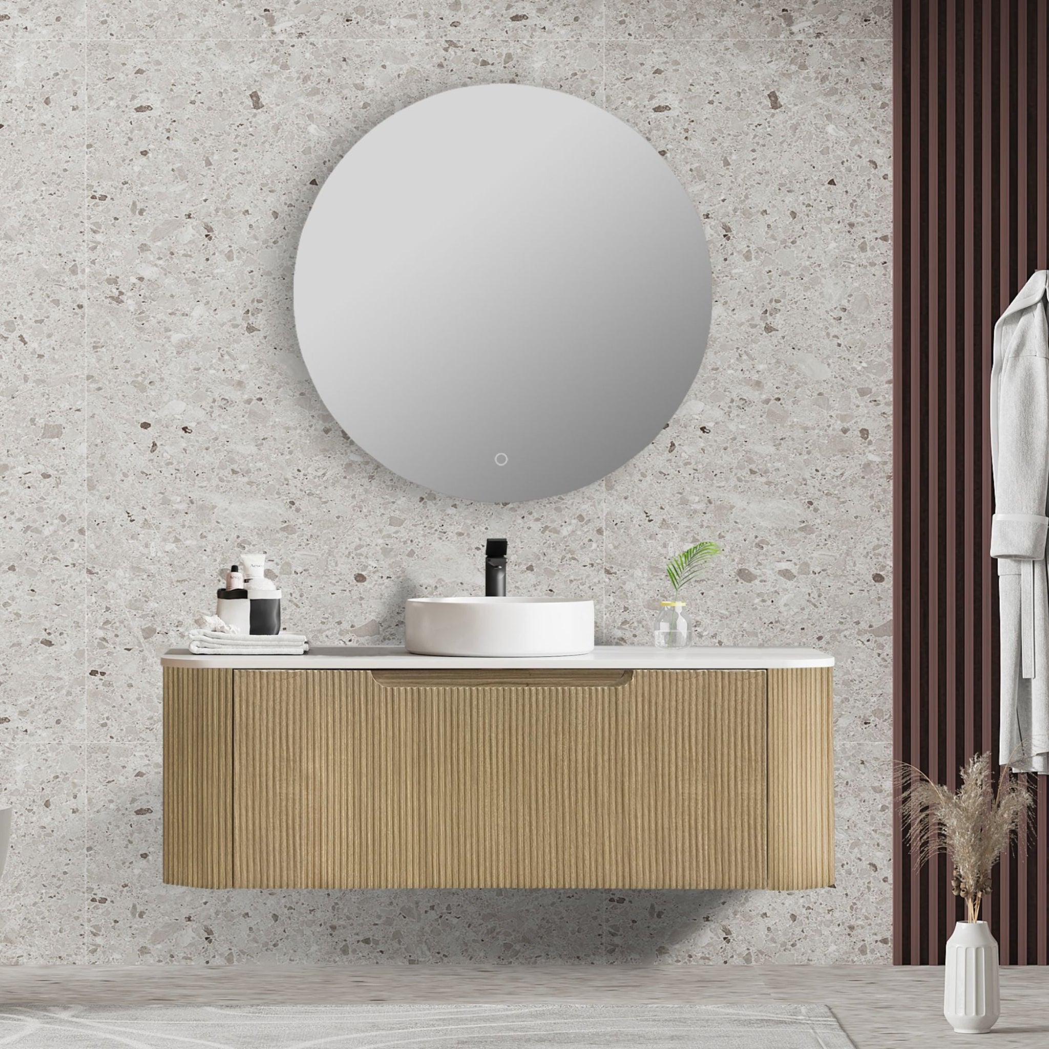 MERCIO ROME BUR OAK FLUTED 1200MM SINGLE BOWL WALL HUNG VANITY