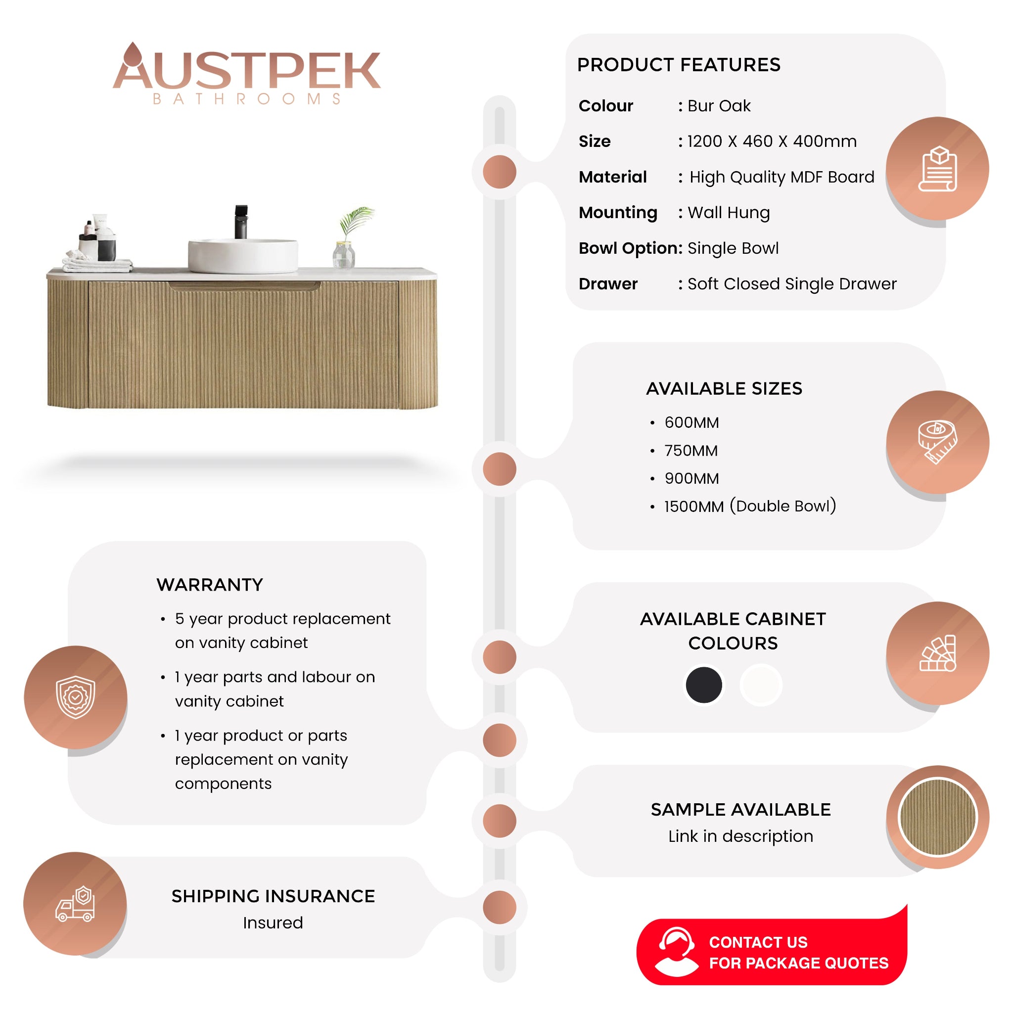 MERCIO ROME BUR OAK FLUTED 1200MM SINGLE BOWL WALL HUNG VANITY