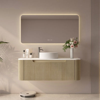 MERCIO ROME BUR OAK FLUTED 1200MM SINGLE BOWL WALL HUNG VANITY