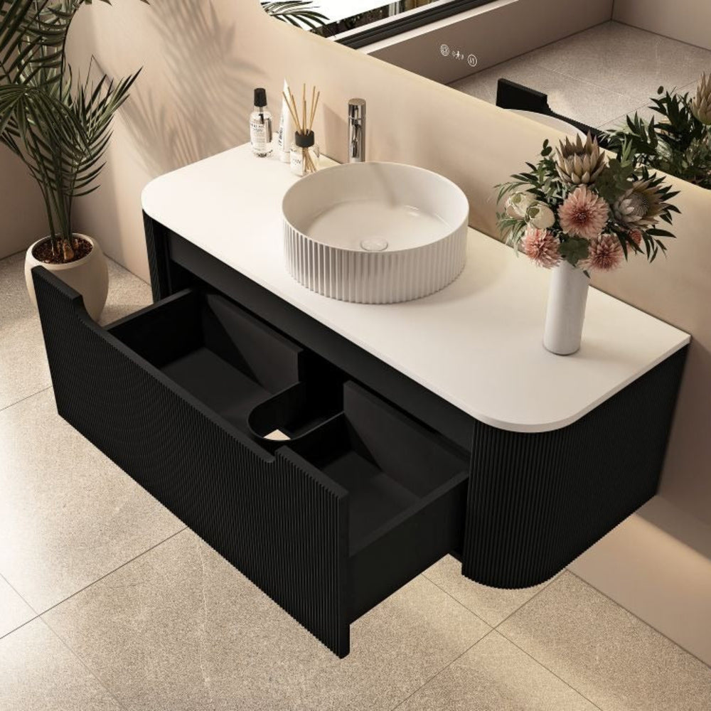 MERCIO ROME MATTE BLACK FLUTED 1200MM SINGLE BOWL WALL HUNG VANITY