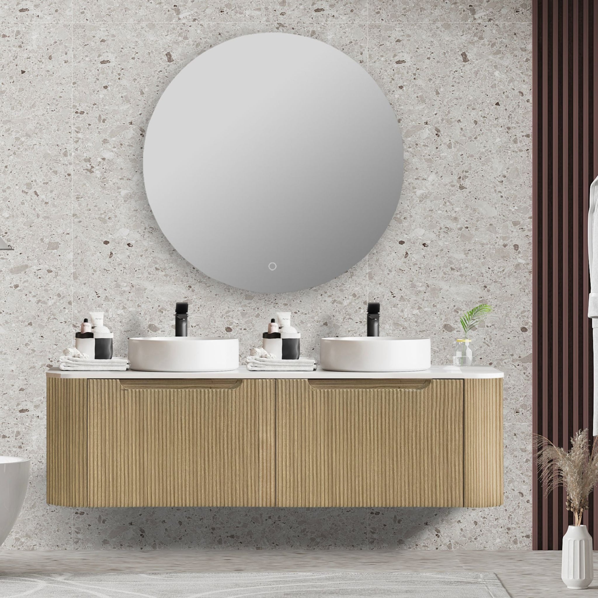 MERCIO ROME BUR OAK FLUTED 1500MM DOUBLE BOWL WALL HUNG VANITY