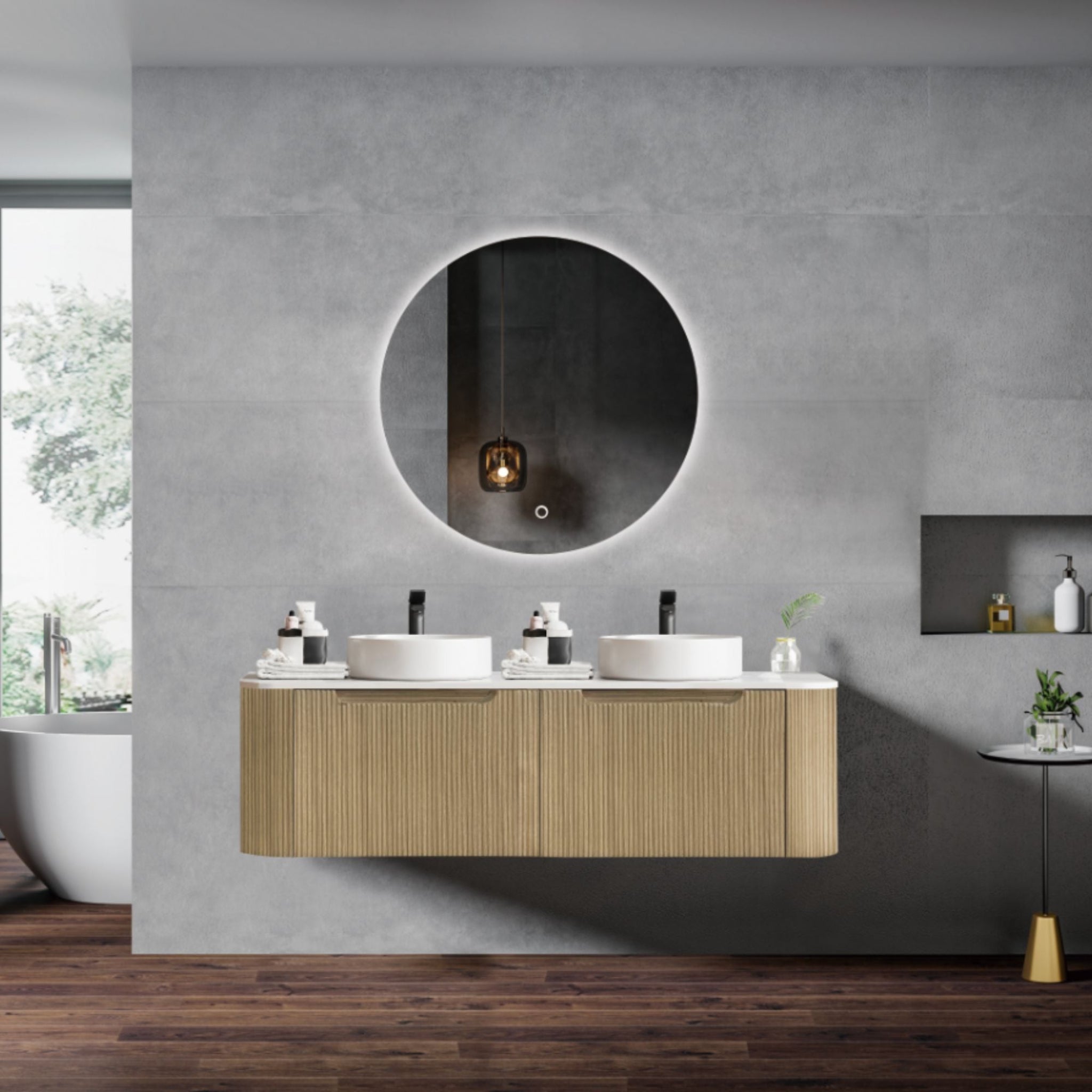 MERCIO ROME BUR OAK FLUTED 1500MM DOUBLE BOWL WALL HUNG VANITY