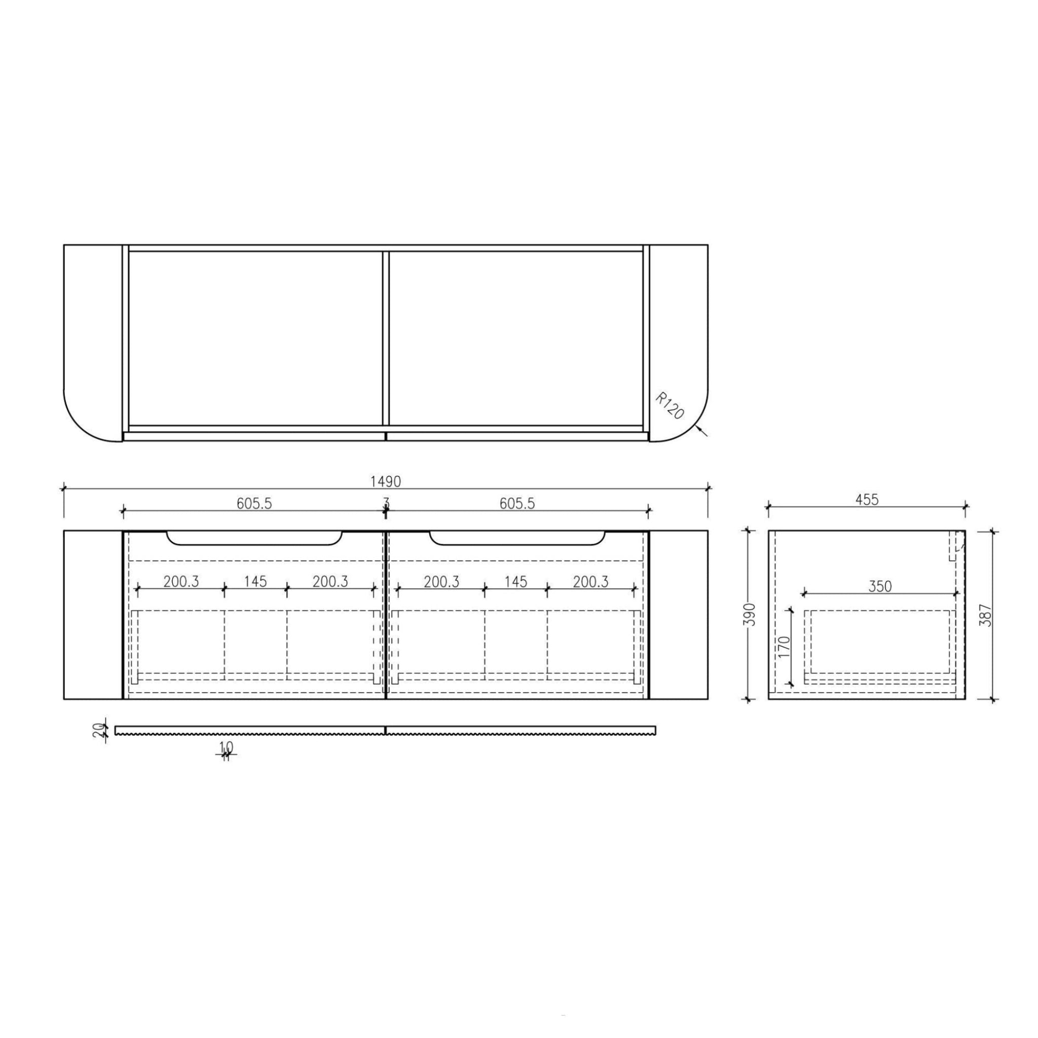 MERCIO ROME BUR OAK FLUTED 1500MM DOUBLE BOWL WALL HUNG VANITY