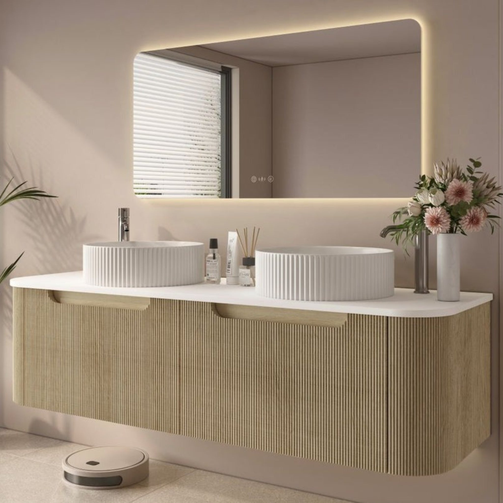 MERCIO ROME BUR OAK FLUTED 1500MM DOUBLE BOWL WALL HUNG VANITY