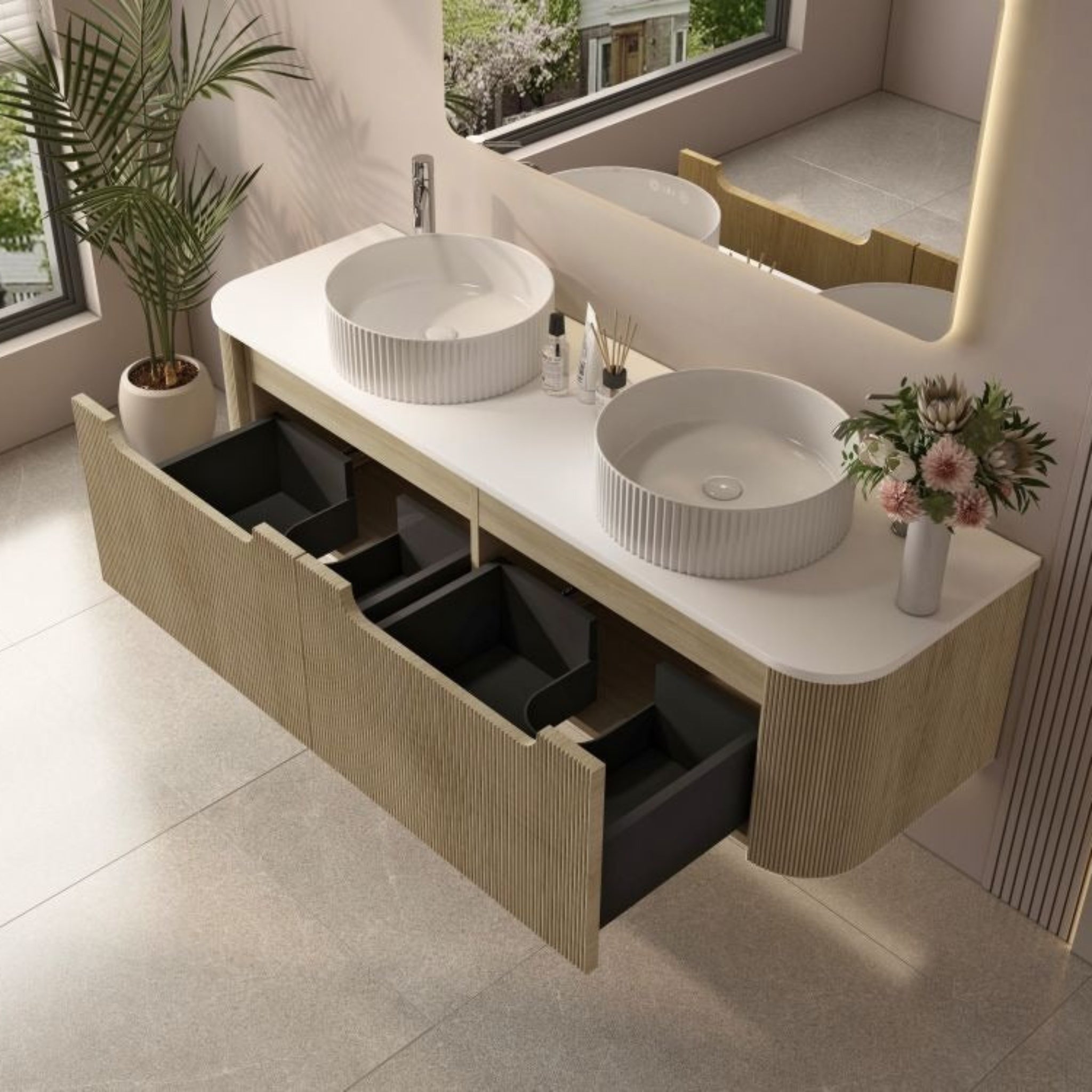 MERCIO ROME BUR OAK FLUTED 1500MM DOUBLE BOWL WALL HUNG VANITY