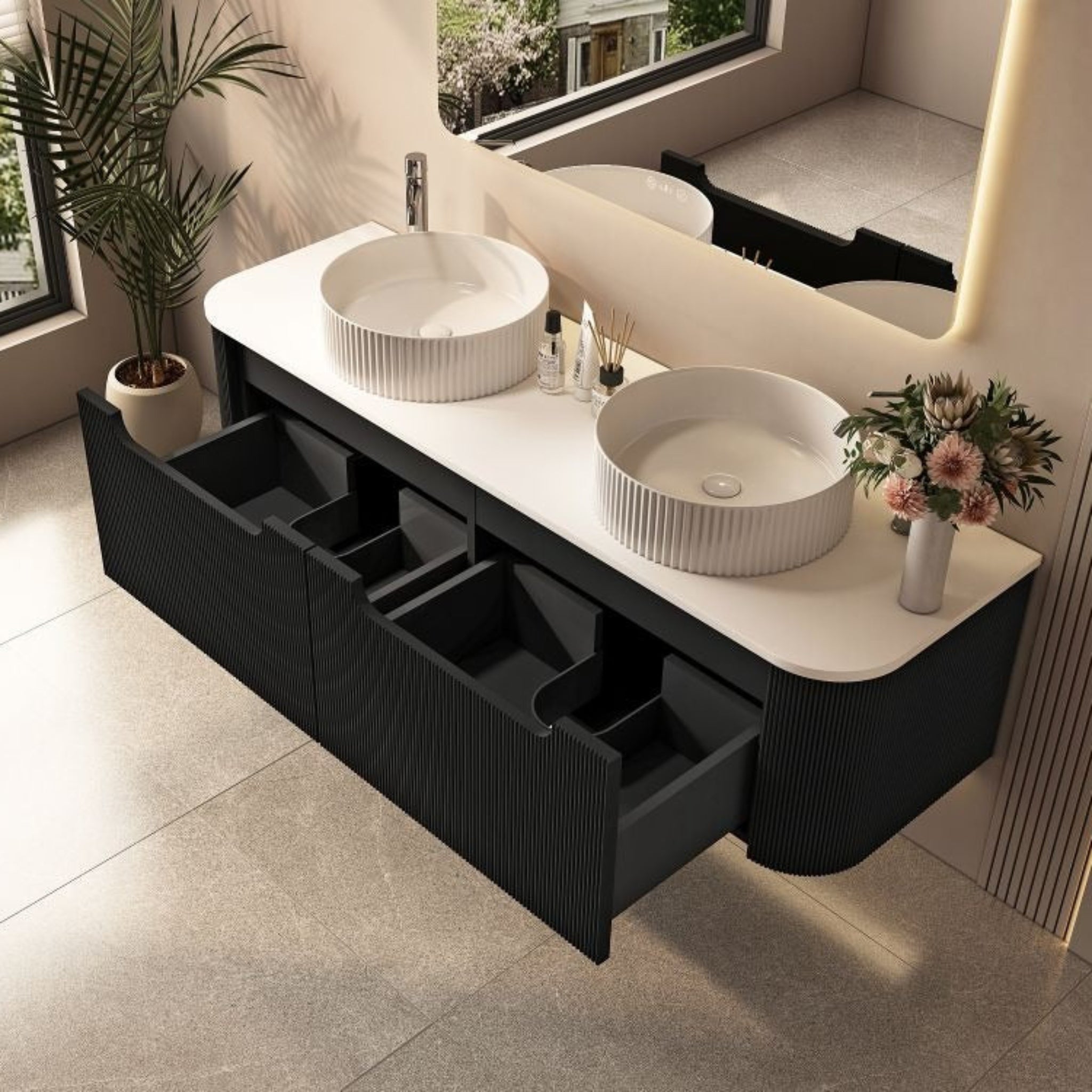 MERCIO ROME MATTE BLACK FLUTED 1500MM DOUBLE BOWL WALL HUNG VANITY