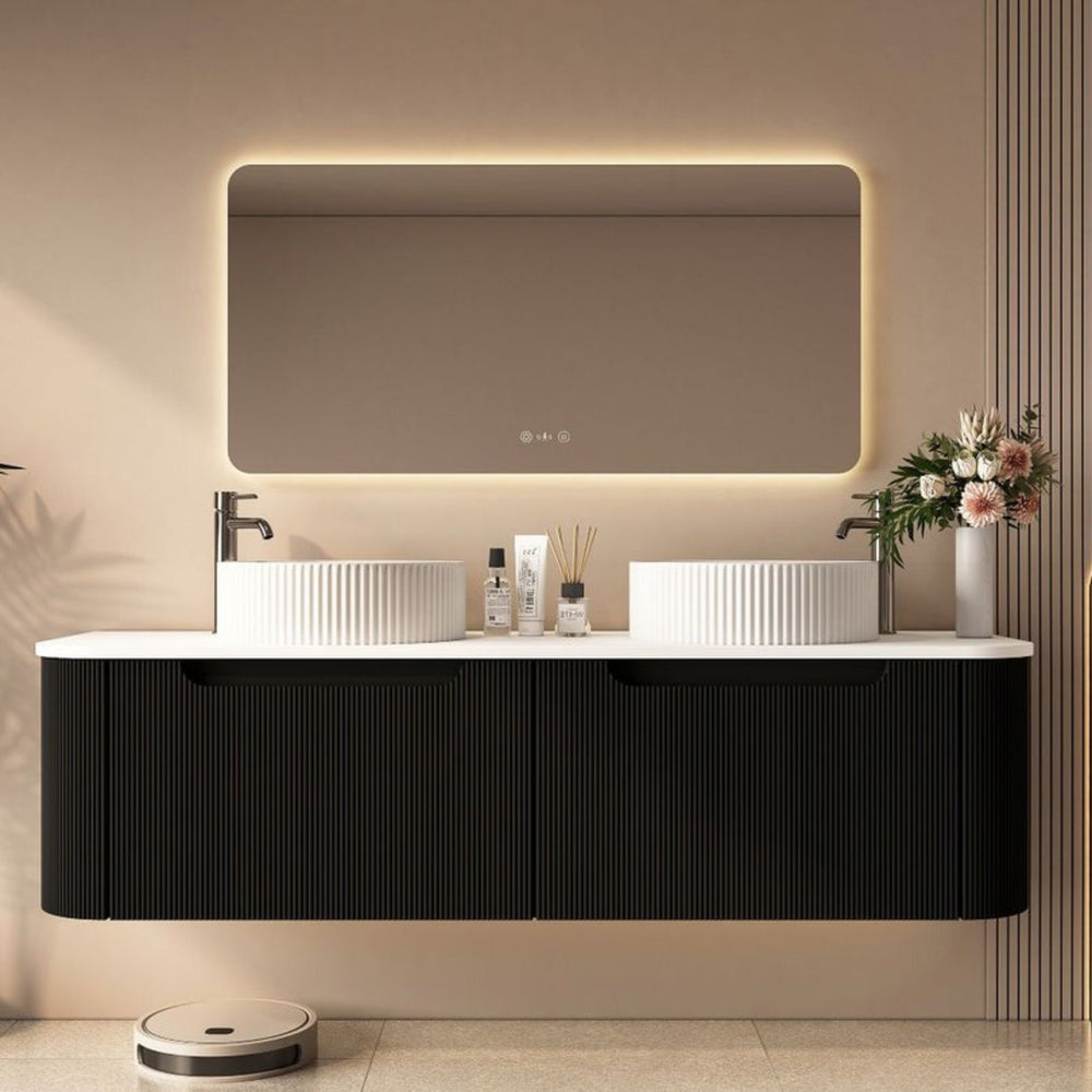 MERCIO ROME MATTE BLACK FLUTED 1500MM DOUBLE BOWL WALL HUNG VANITY