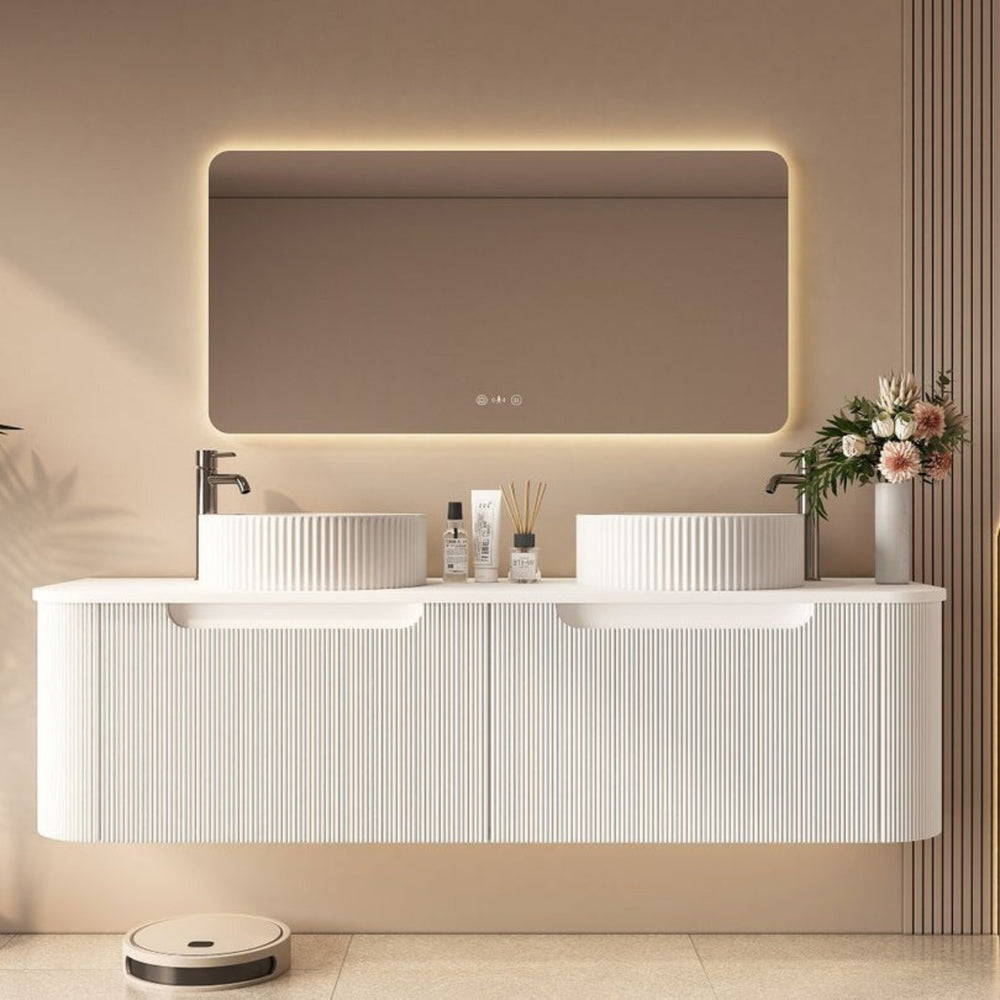 MERCIO ROME MATTE WHITE FLUTED 1500MM DOUBLE BOWL WALL HUNG VANITY
