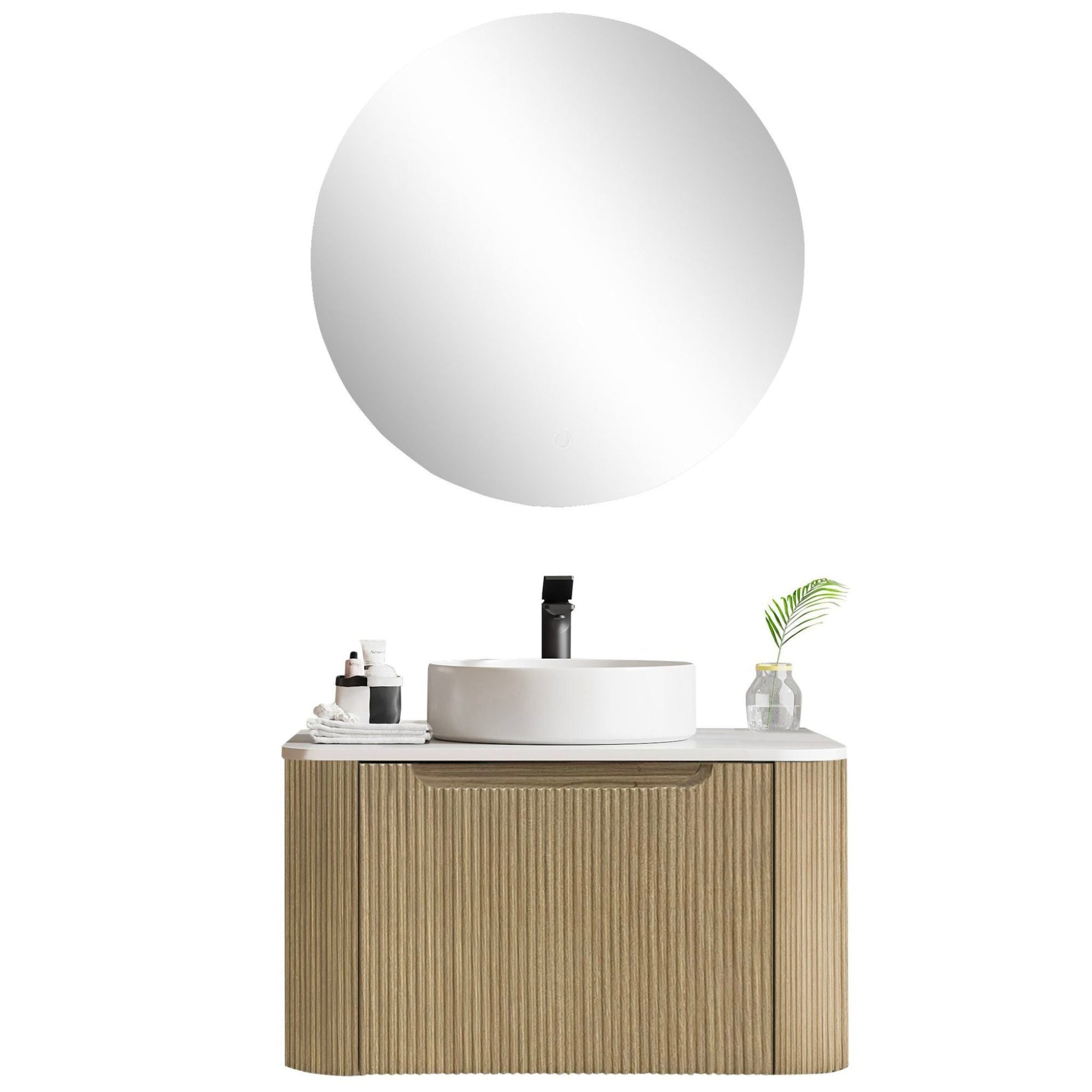 MERCIO ROME BUR OAK FLUTED 600MM SINGLE BOWL WALL HUNG VANITY