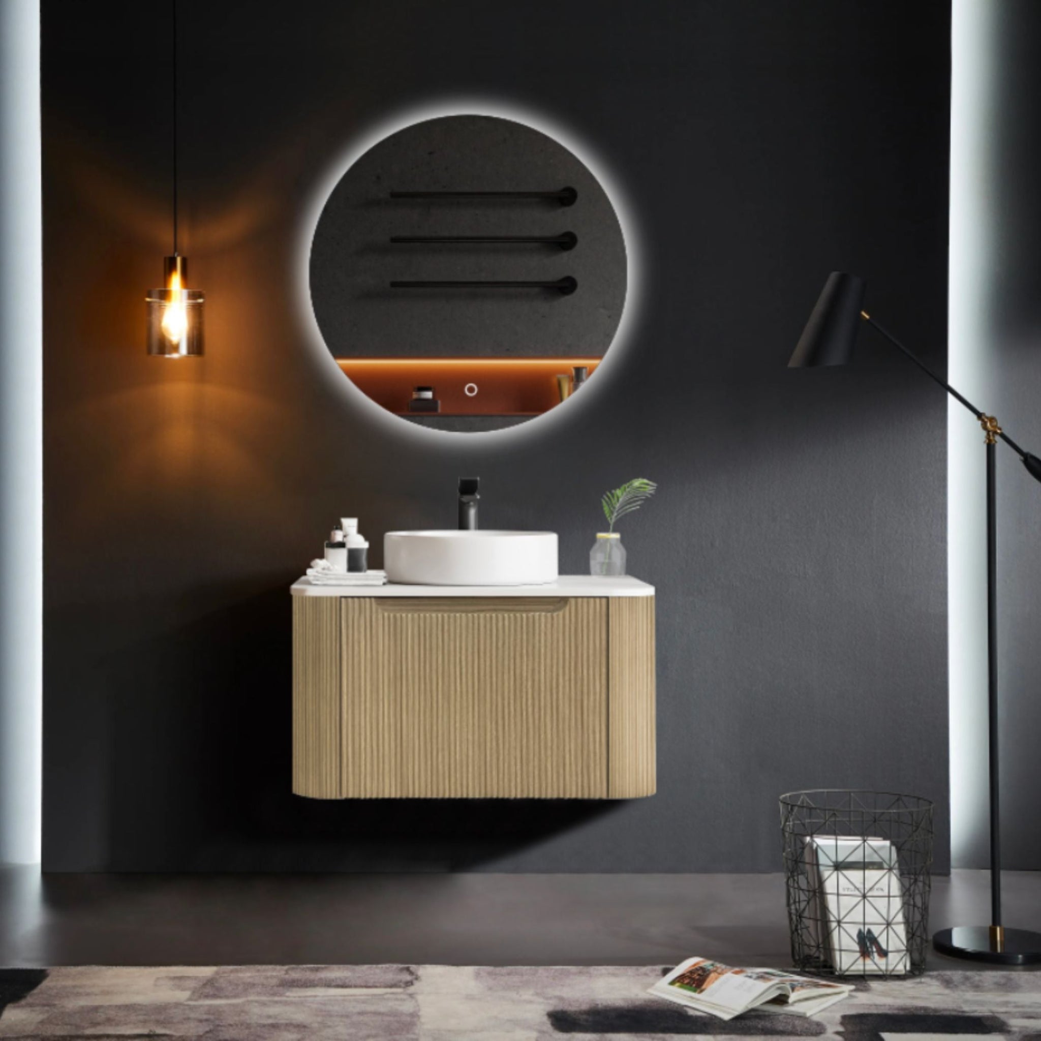 MERCIO ROME BUR OAK FLUTED 600MM SINGLE BOWL WALL HUNG VANITY