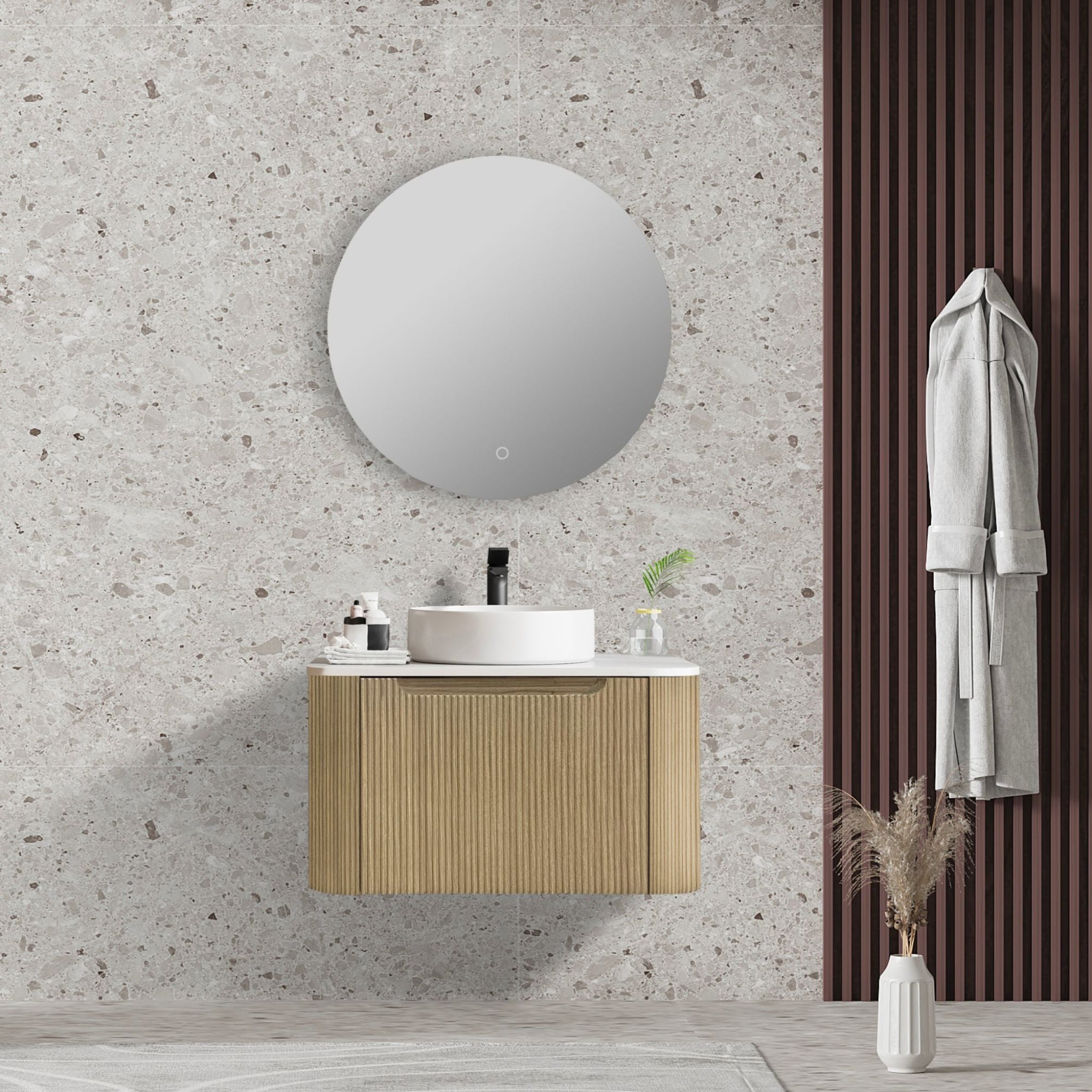 MERCIO ROME BUR OAK FLUTED 600MM SINGLE BOWL WALL HUNG VANITY