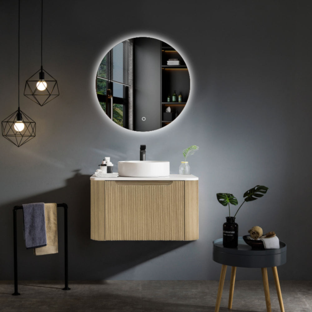MERCIO ROME BUR OAK FLUTED 600MM SINGLE BOWL WALL HUNG VANITY