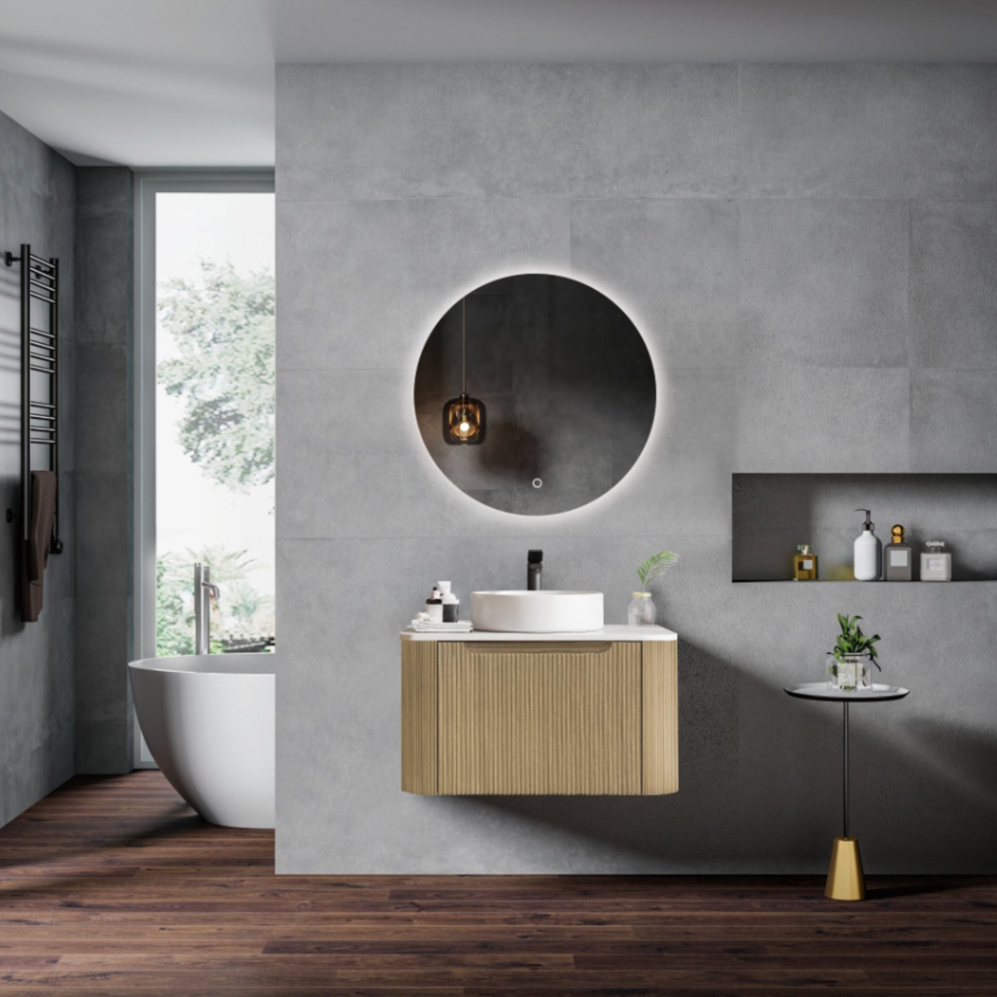 MERCIO ROME BUR OAK FLUTED 600MM SINGLE BOWL WALL HUNG VANITY