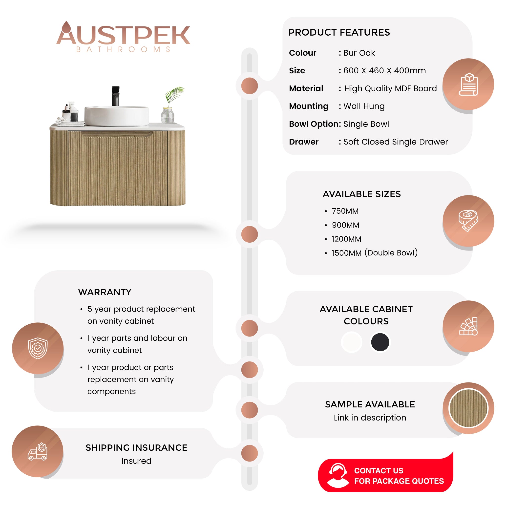 MERCIO ROME BUR OAK FLUTED 600MM SINGLE BOWL WALL HUNG VANITY