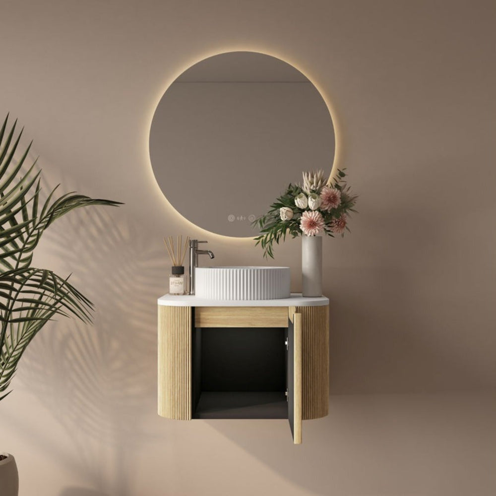 MERCIO ROME BUR OAK FLUTED 600MM SINGLE BOWL WALL HUNG VANITY