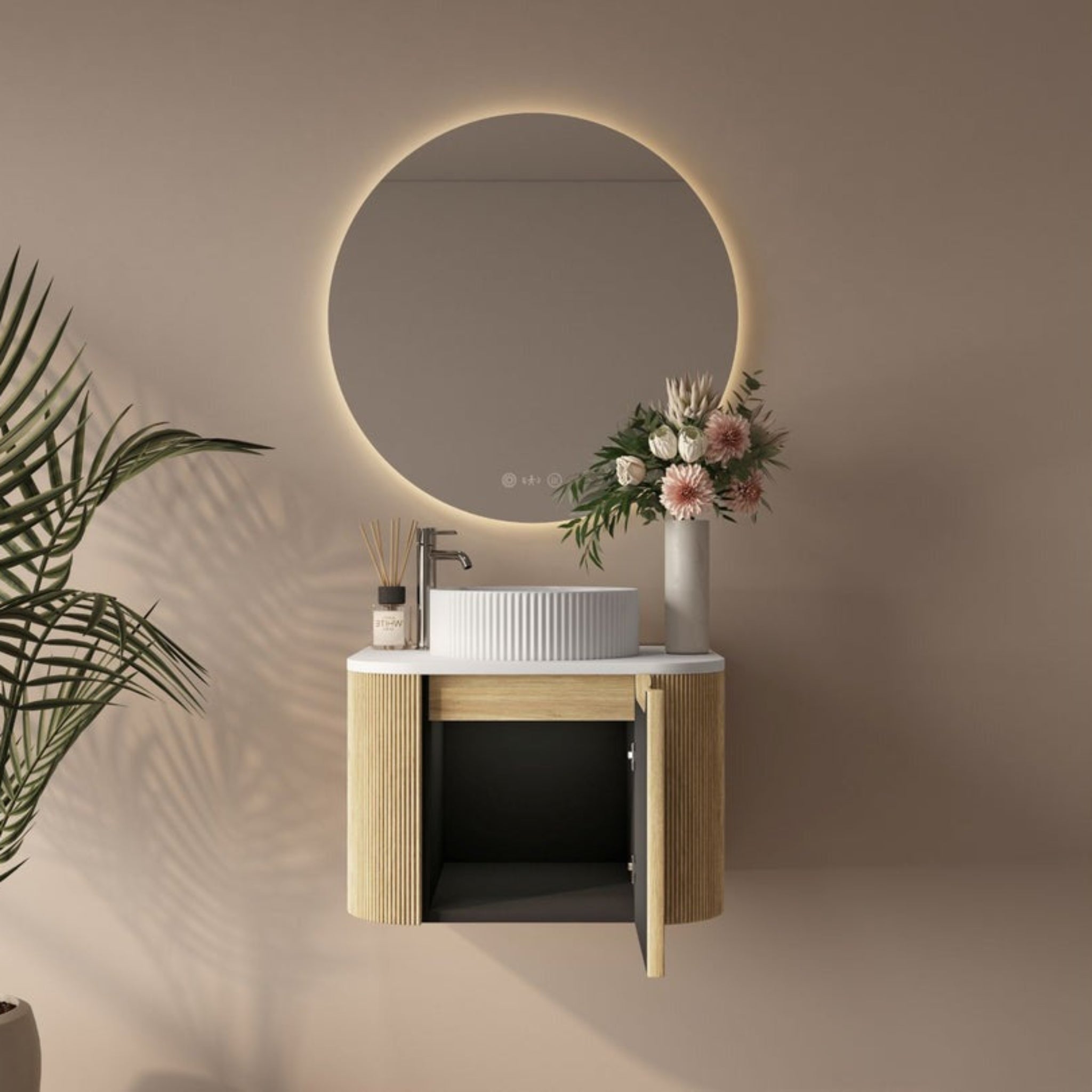 MERCIO ROME BUR OAK FLUTED 600MM SINGLE BOWL WALL HUNG VANITY