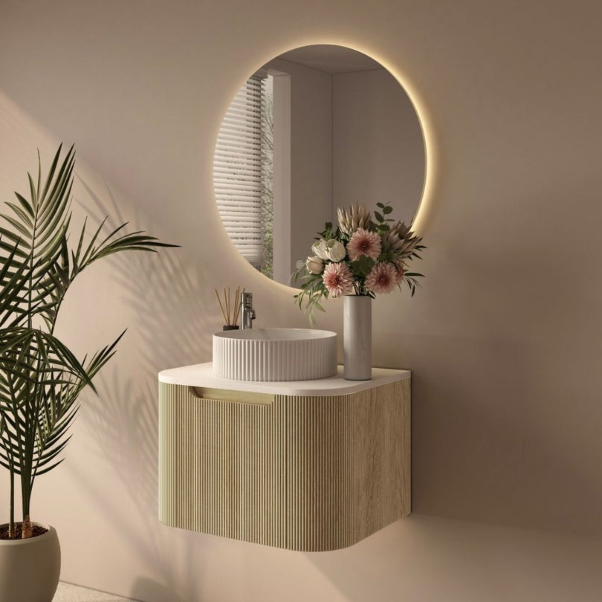 MERCIO ROME BUR OAK FLUTED 600MM SINGLE BOWL WALL HUNG VANITY